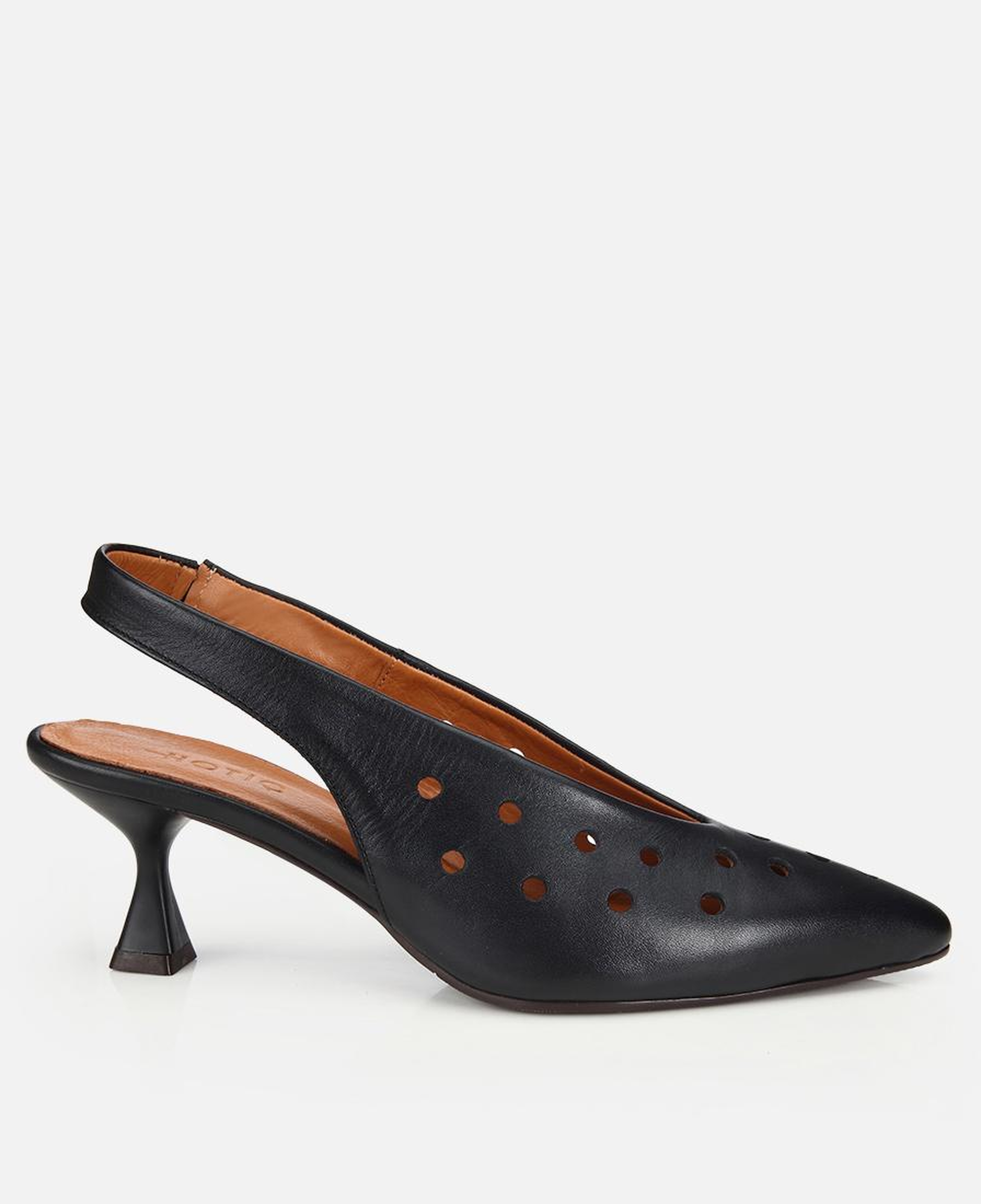 Kadın Deri Siyah Delikli Arkası Açık Kısa Topuklu Stiletto