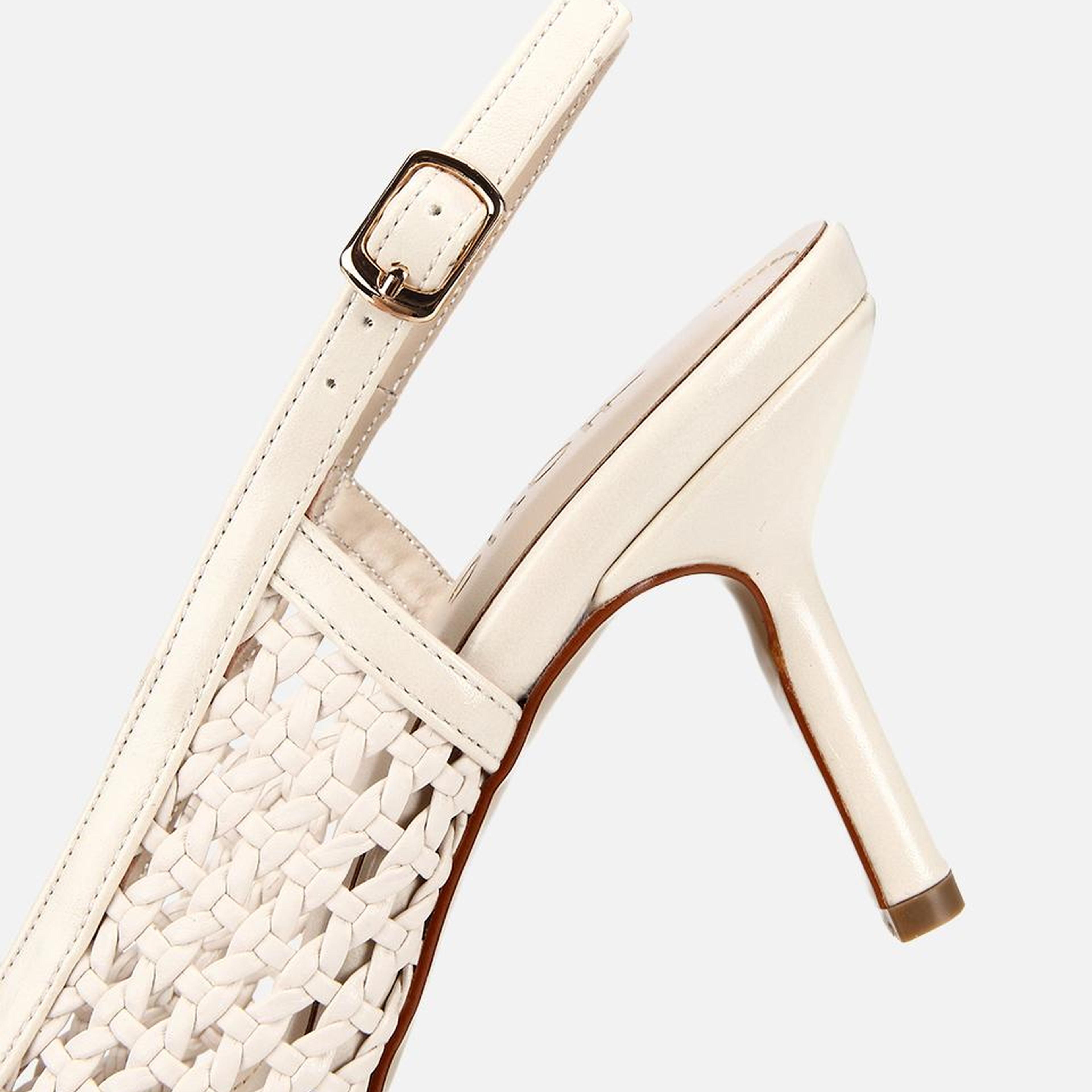 Kadın Bej Hasır Detaylı Arkası Açık Kısa Topuklu Stiletto