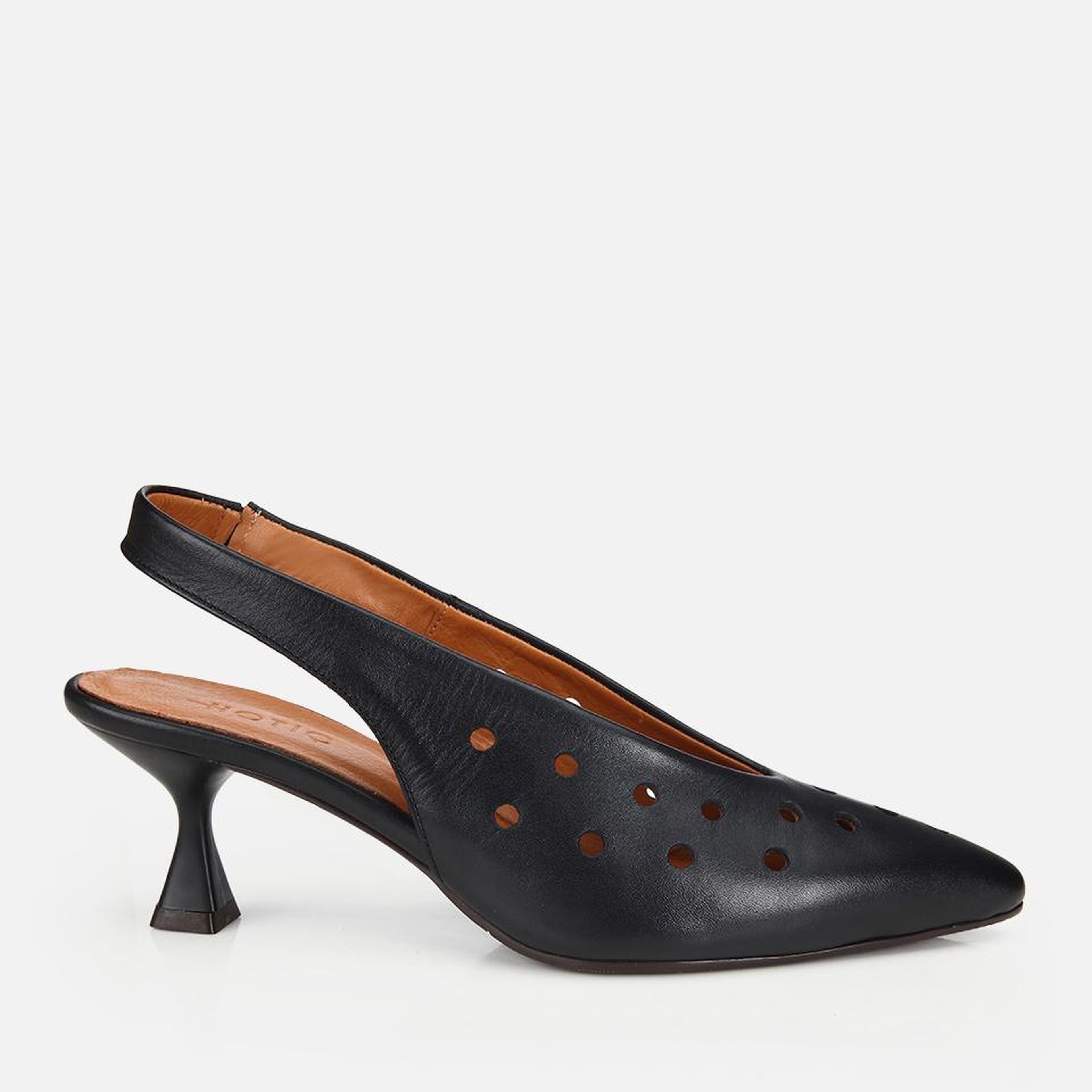 Kadın Deri Siyah Delikli Arkası Açık Kısa Topuklu Stiletto