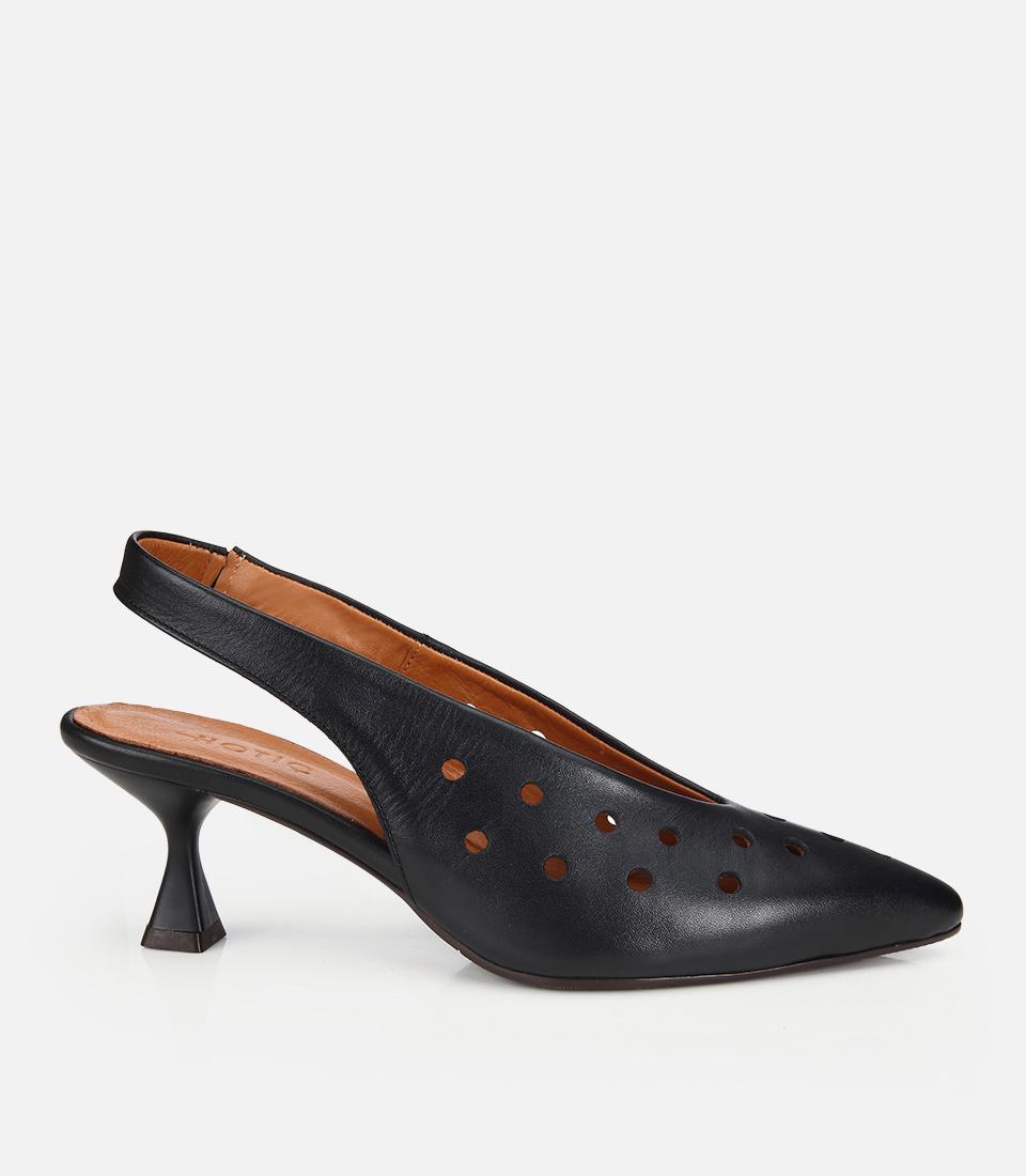 Kadın Deri Siyah Delikli Arkası Açık Kısa Topuklu Stiletto