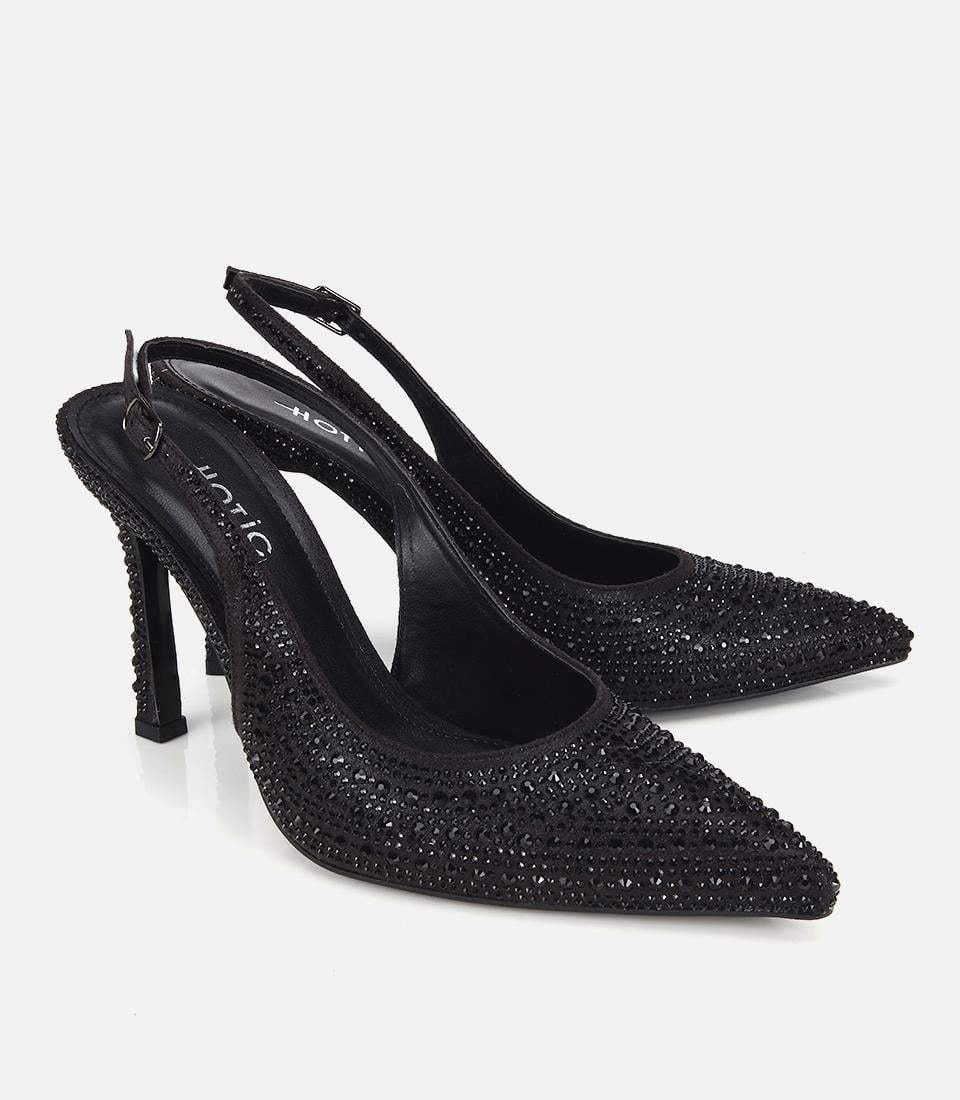 Kadın Siyah Taşlı Arkası Açık Stiletto