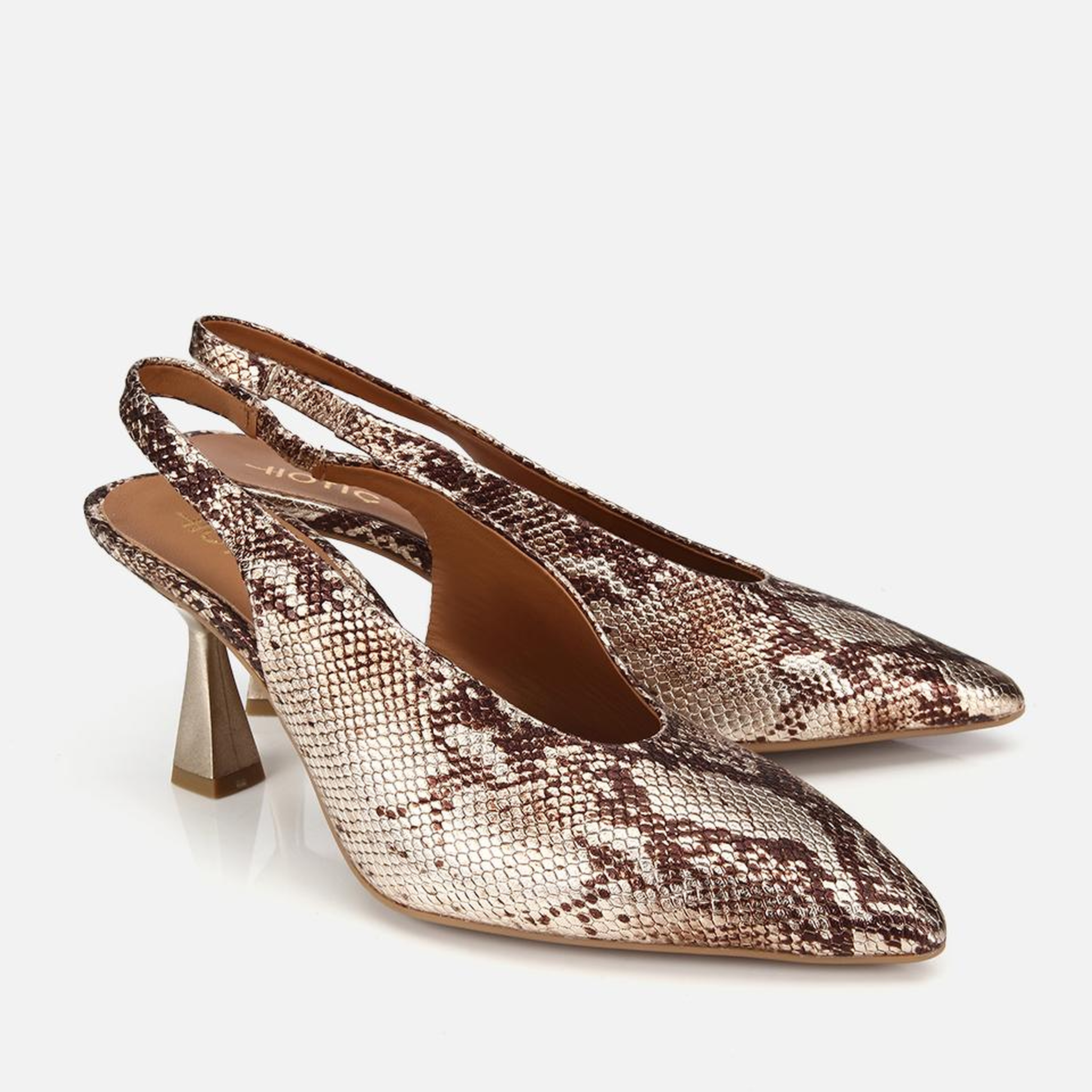 Kadın Deri Gold Arkası Açık Kısa Topuklu Stiletto