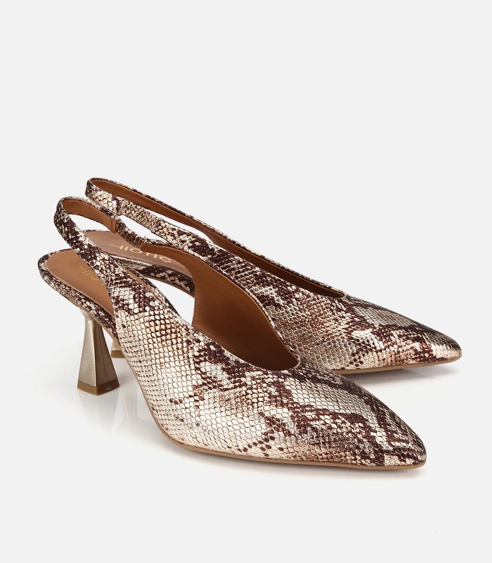 Kadın Deri Gold Arkası Açık Kısa Topuklu Stiletto