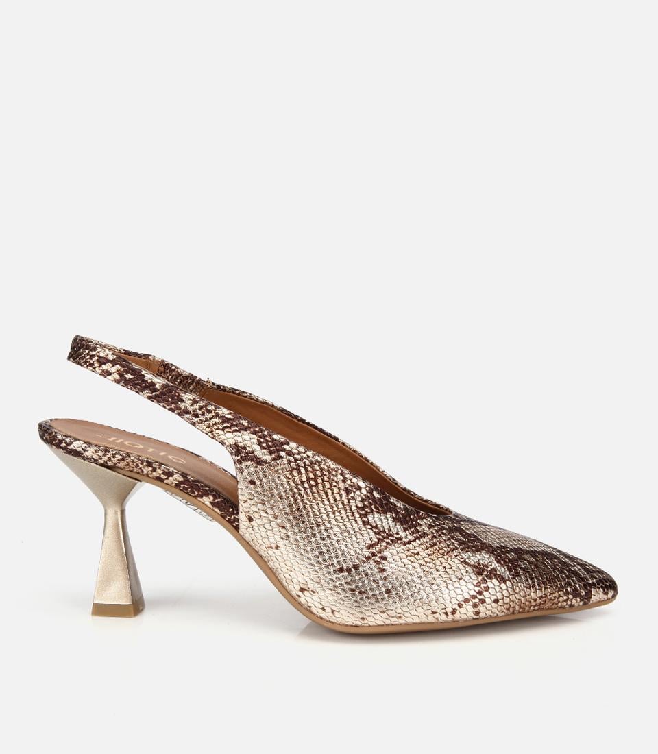 Kadın Deri Gold Arkası Açık Kısa Topuklu Stiletto