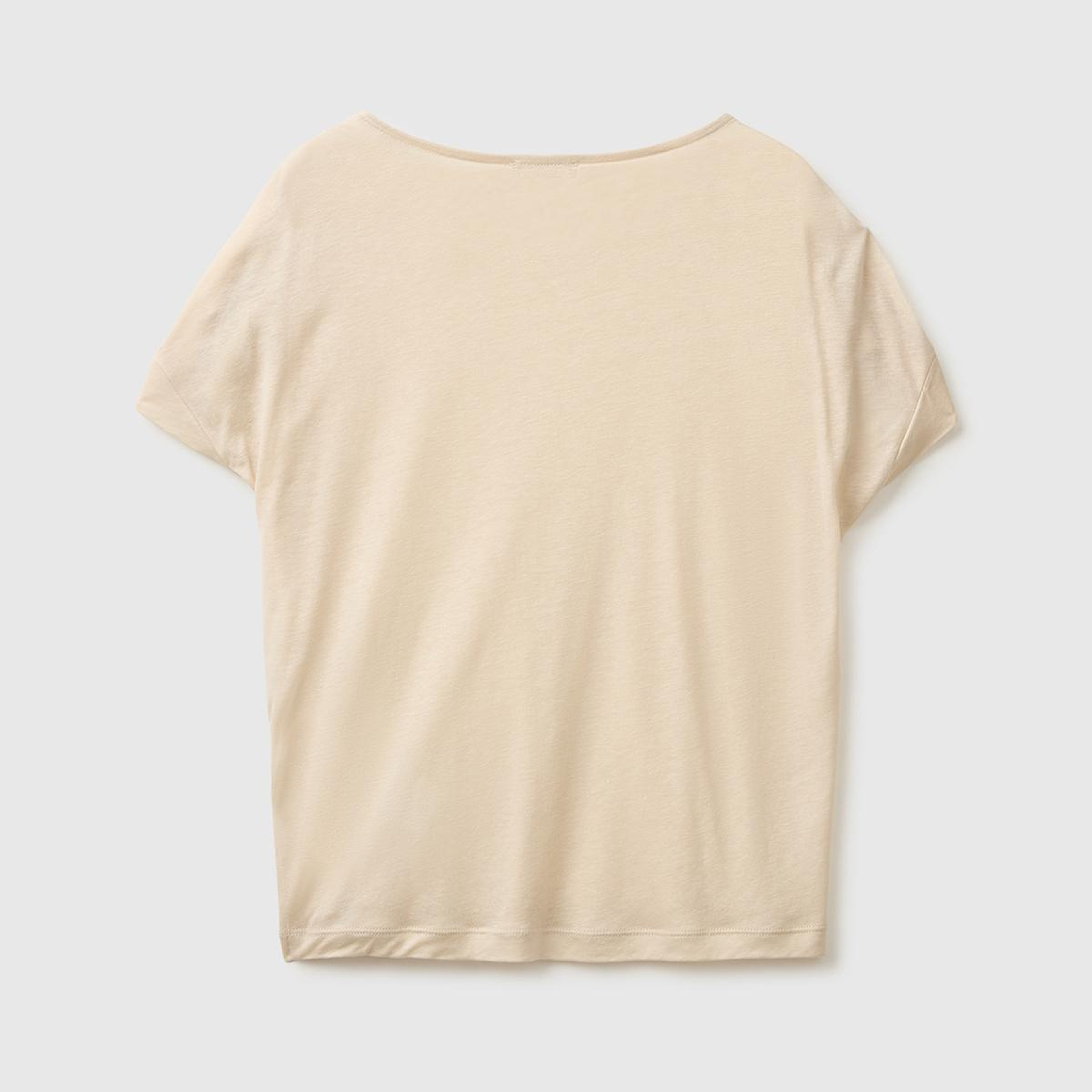 Kadın Taş Keten Liyosel Karışımlı Omuzları Büzgü Detaylı T-Shirt