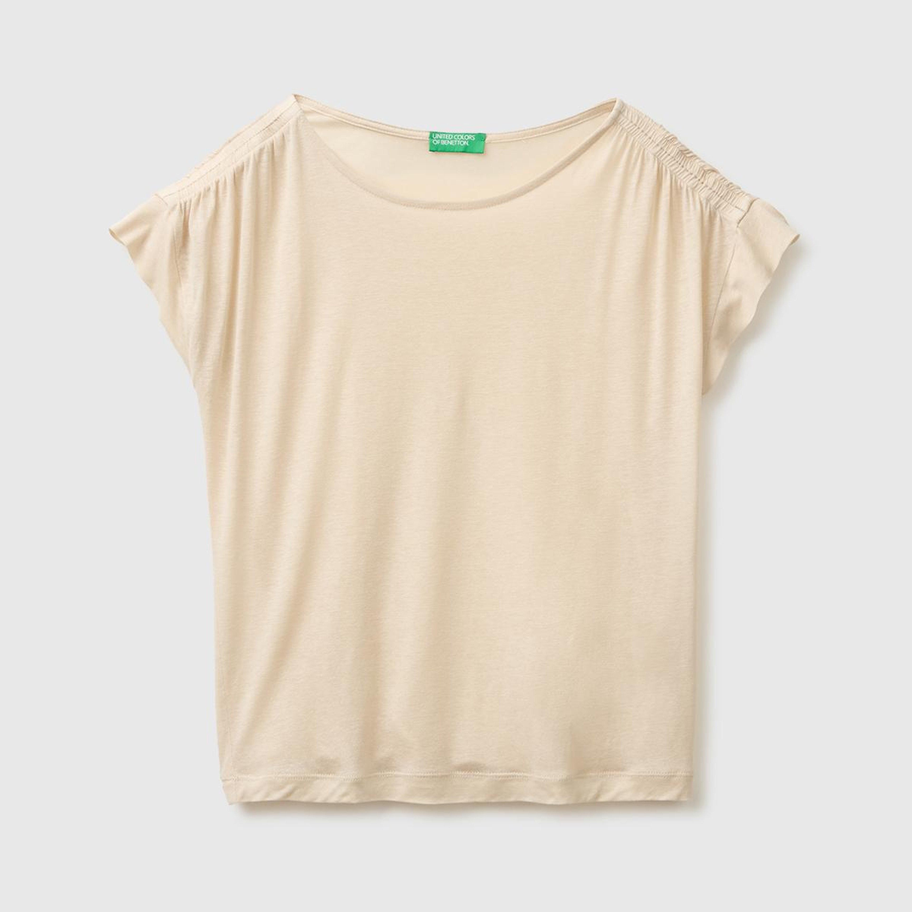 Kadın Taş Keten Liyosel Karışımlı Omuzları Büzgü Detaylı T-Shirt