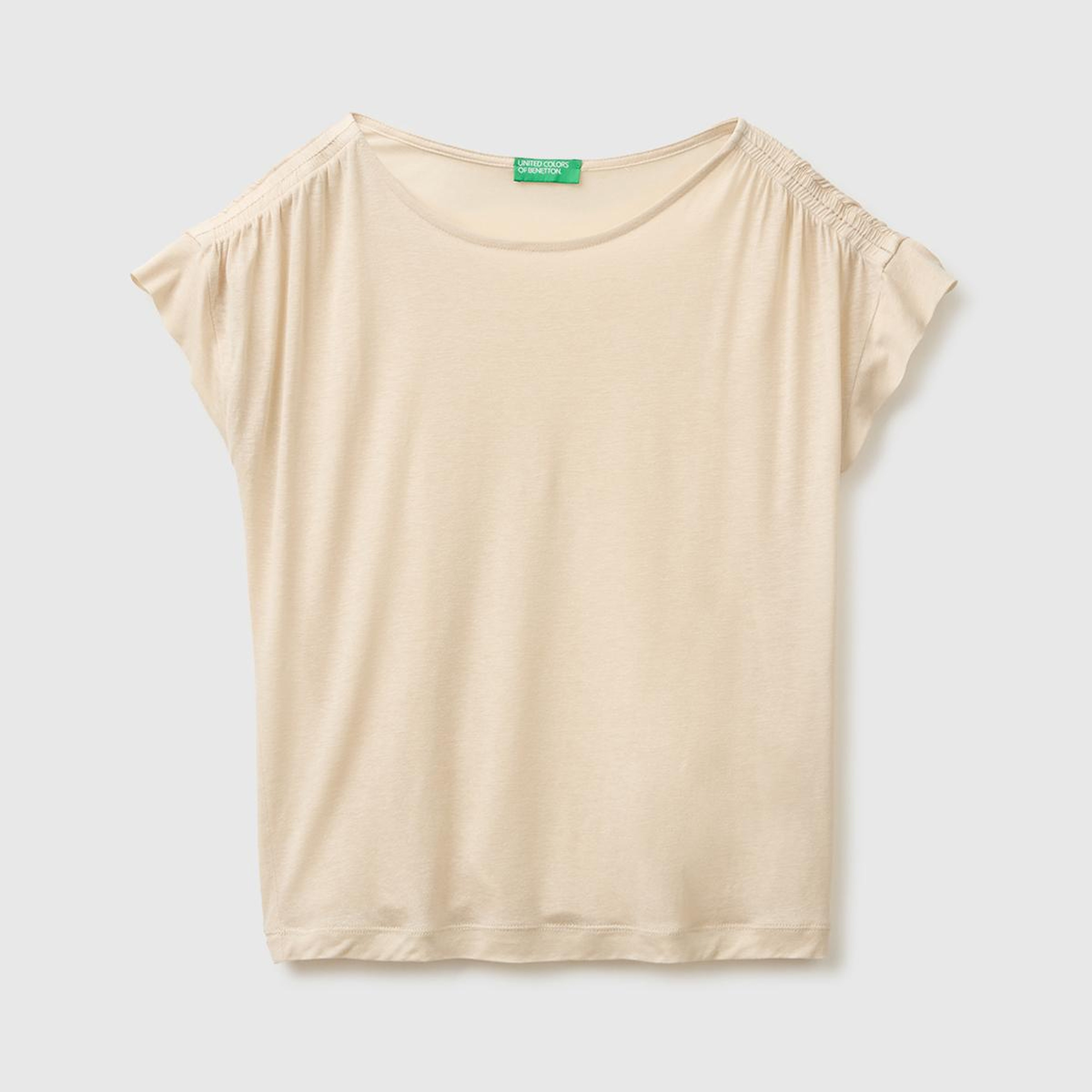 Kadın Taş Keten Liyosel Karışımlı Omuzları Büzgü Detaylı T-Shirt