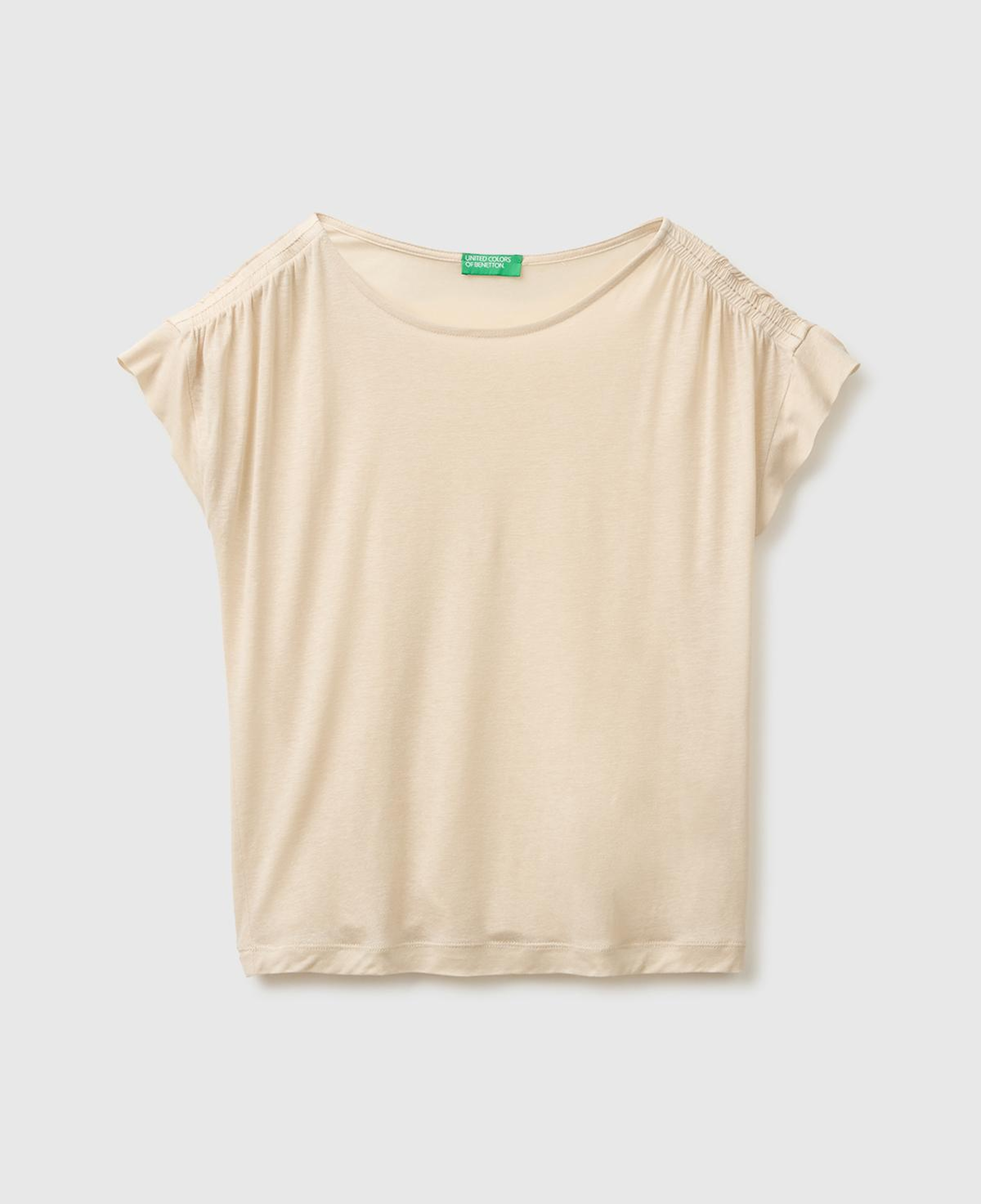 Kadın Taş Keten Liyosel Karışımlı Omuzları Büzgü Detaylı T-Shirt