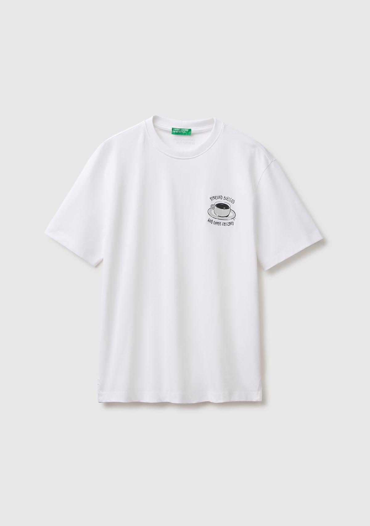 Erkek Beyaz %100 Pamuk Grafik Baskılı Regular Fit Bisiklet Yaka T-Shirt