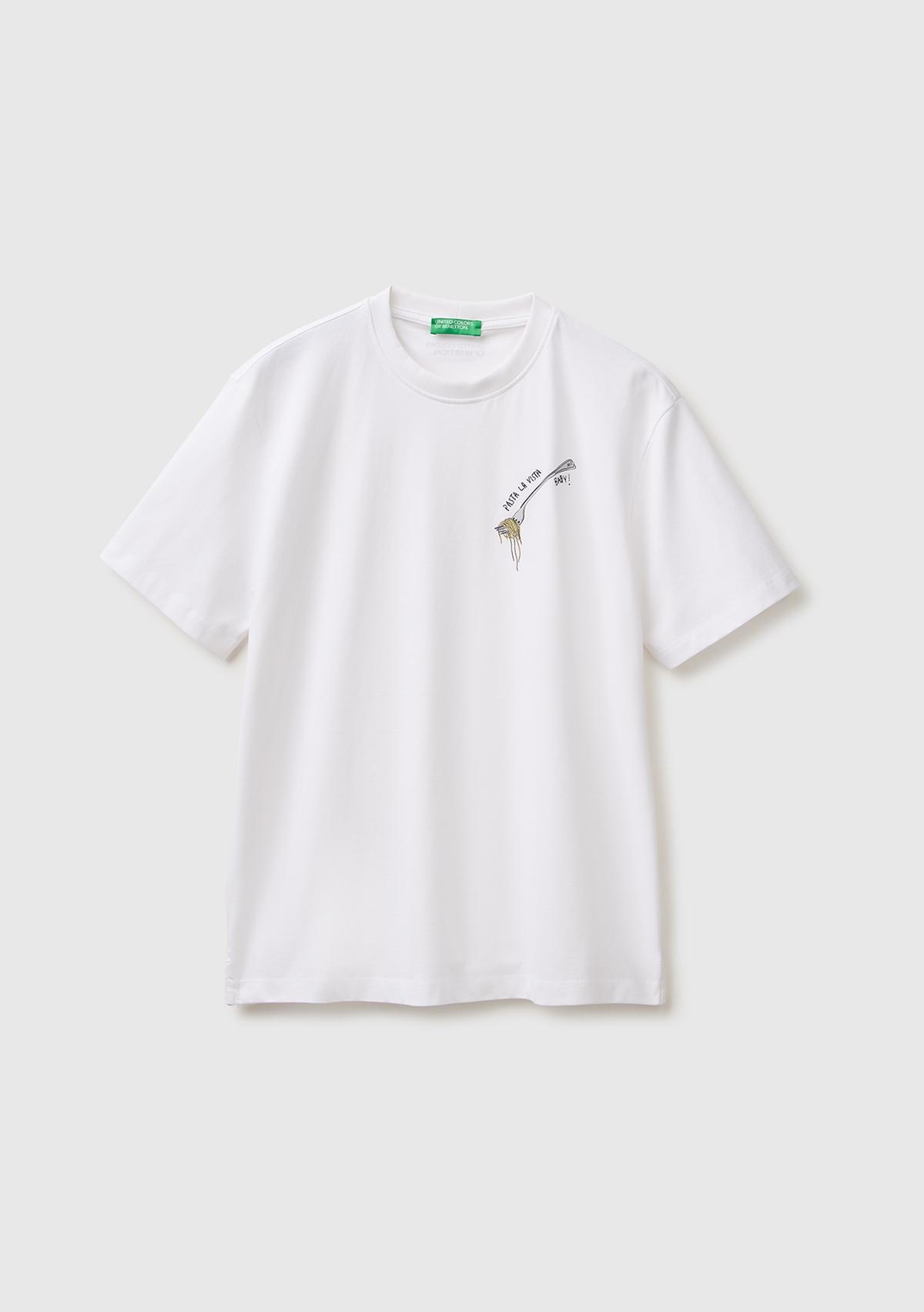 Erkek Beyaz Mix %100 Pamuk Grafik Baskılı Regular Fit Bisiklet Yaka T-Shirt