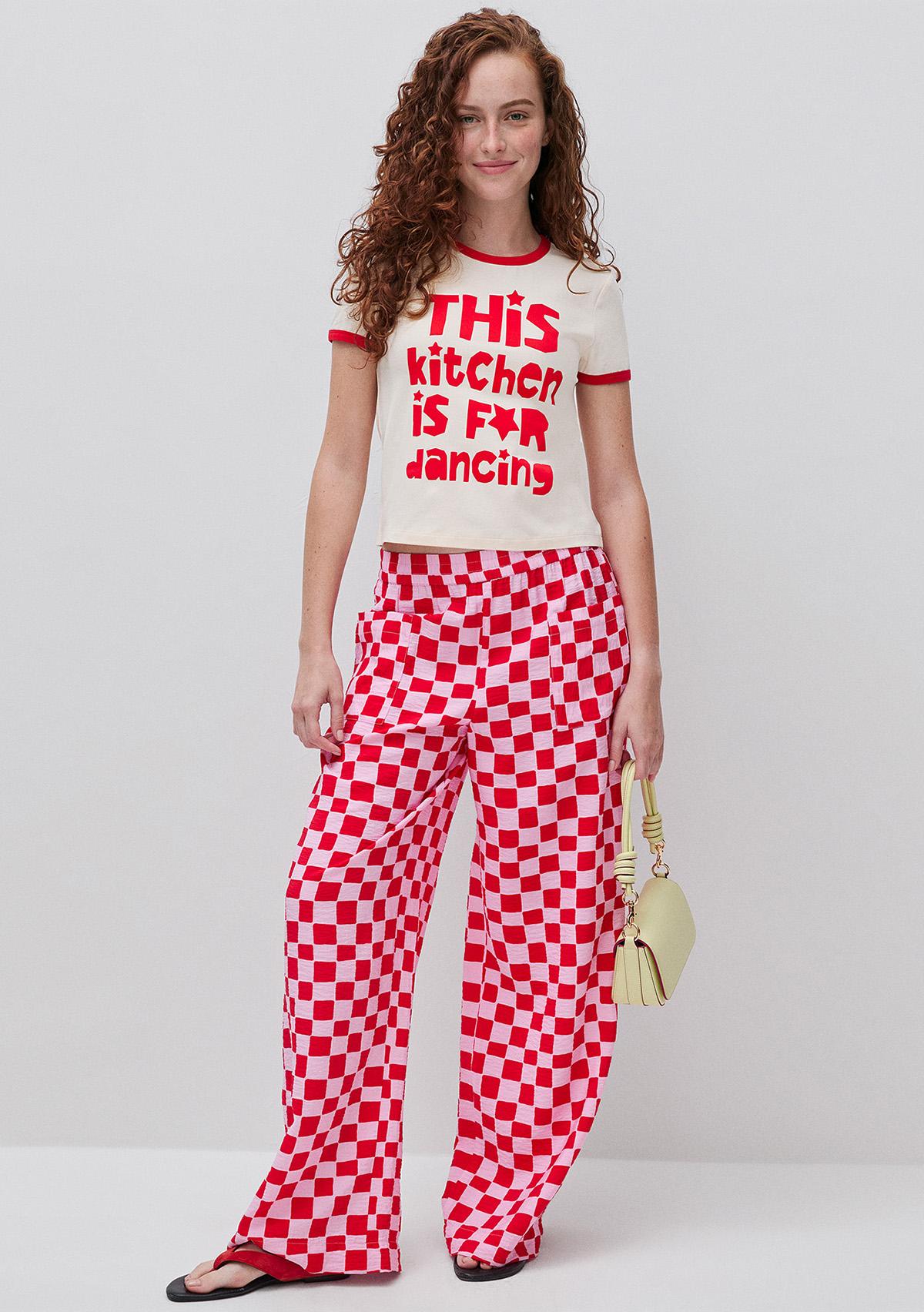 Kadın Krem Pamuk Karışımlı Önü Baskılı Bisiklet Yaka T-Shirt