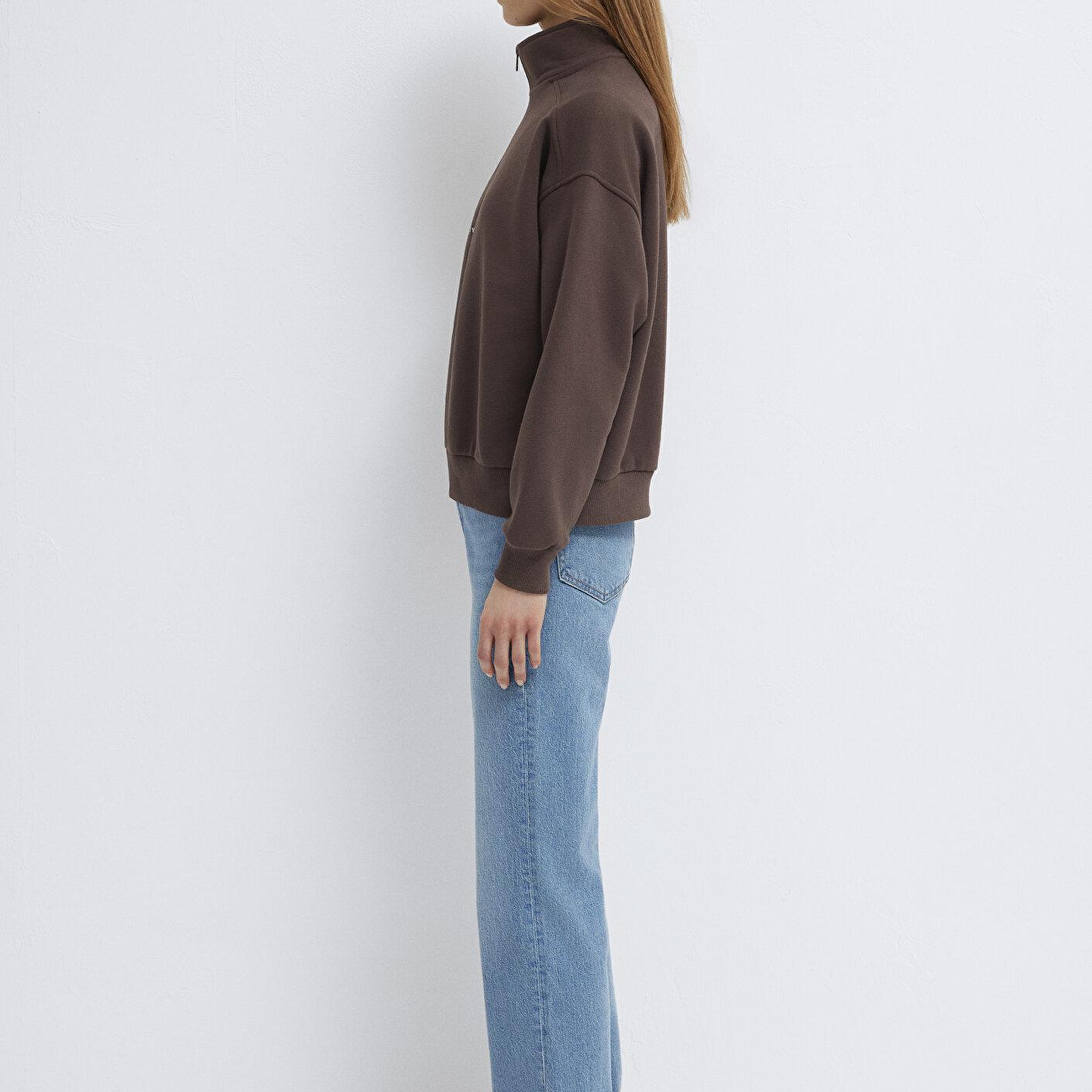 Mavi MVJNS Nakışlı Yarı Fermuarlı Kahverengi Sweatshirt 1S10533-71603