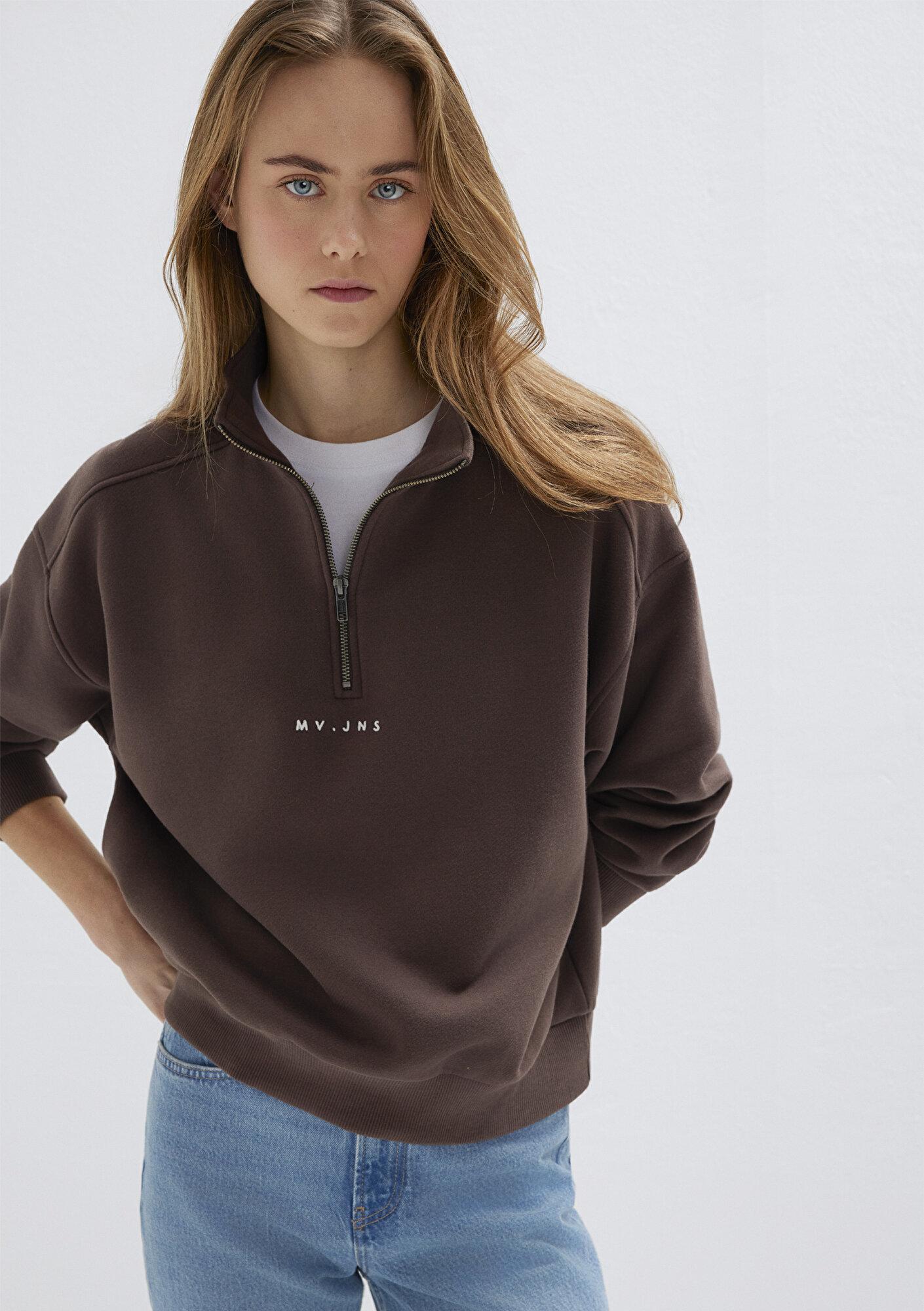 Mavi MVJNS Nakışlı Yarı Fermuarlı Kahverengi Sweatshirt 1S10533-71603