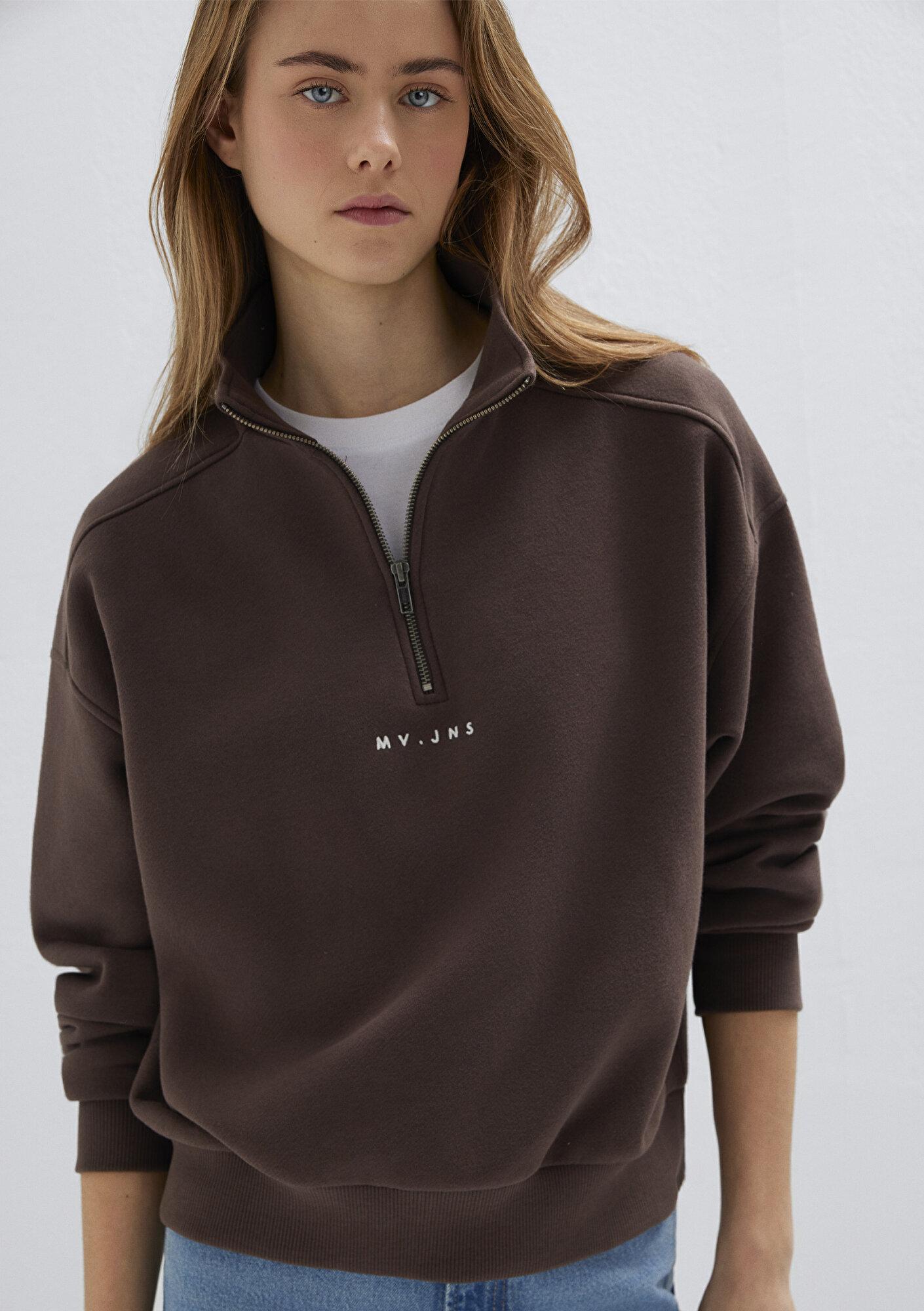 Mavi MVJNS Nakışlı Yarı Fermuarlı Kahverengi Sweatshirt 1S10533-71603
