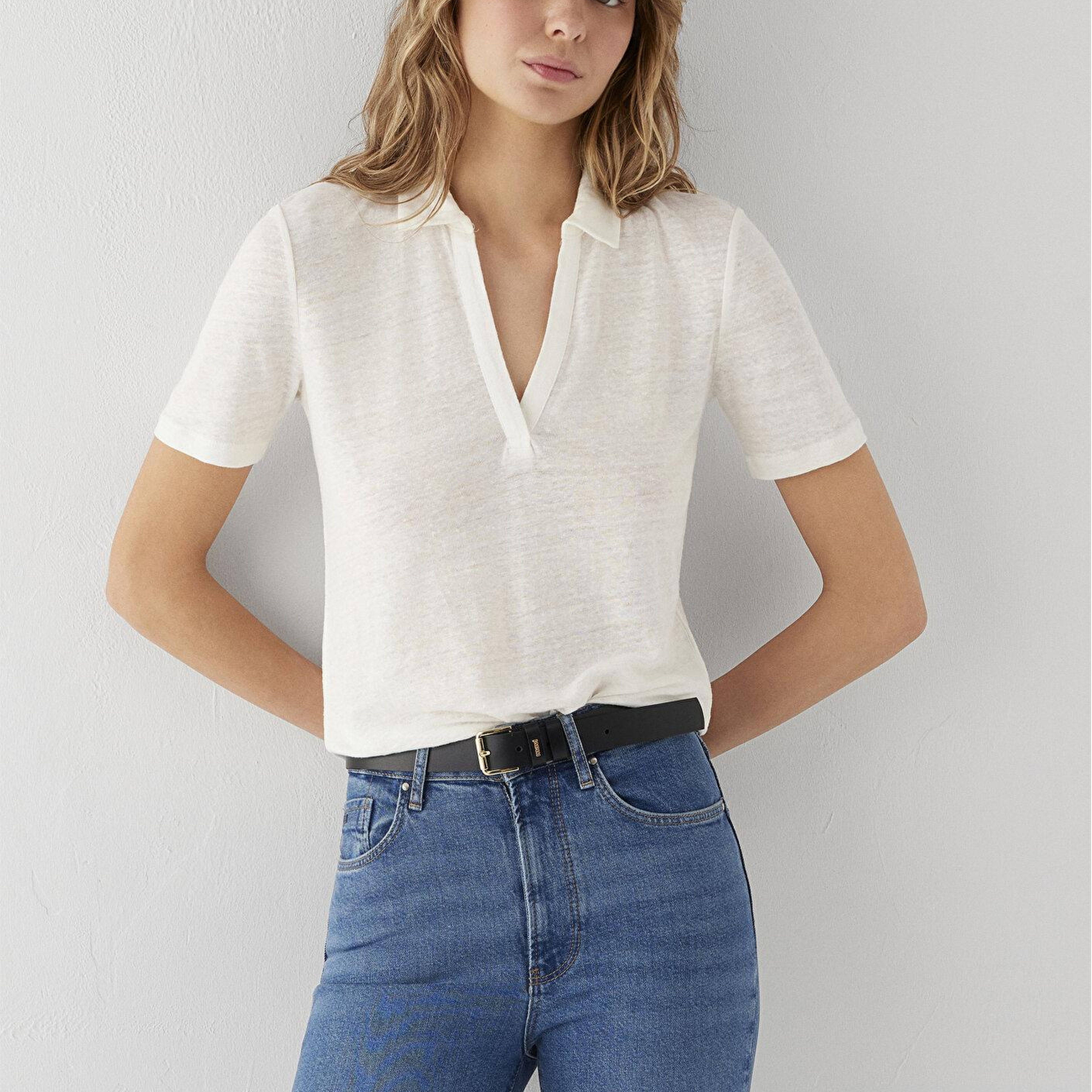 Mavi Ekru Keten Tişört Slim Fit / Dar Kesim 1614309-70057