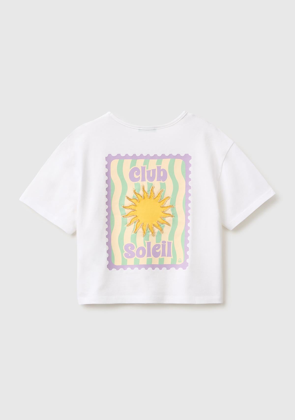 Kız Çocuk Beyaz Ön ve Arka Baskı Detaylı Geniş Yaka T-Shirt