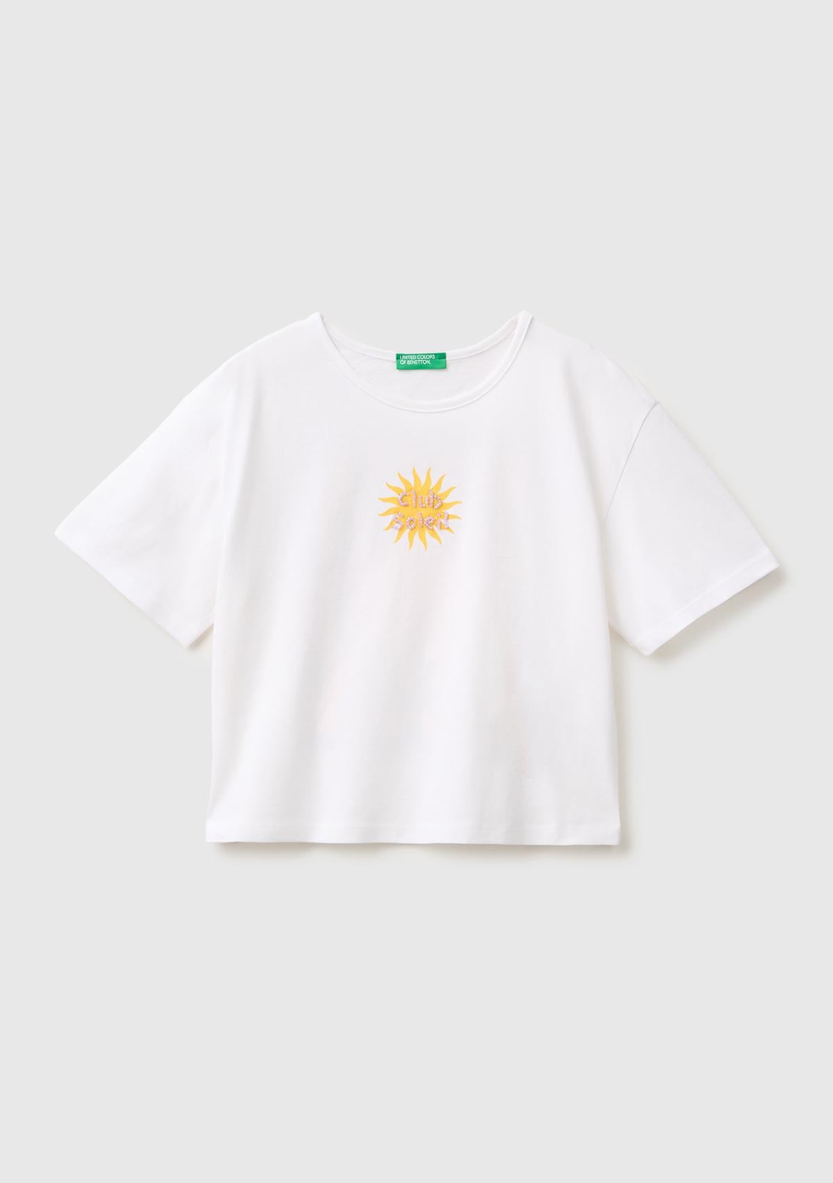 Kız Çocuk Beyaz Ön ve Arka Baskı Detaylı Geniş Yaka T-Shirt