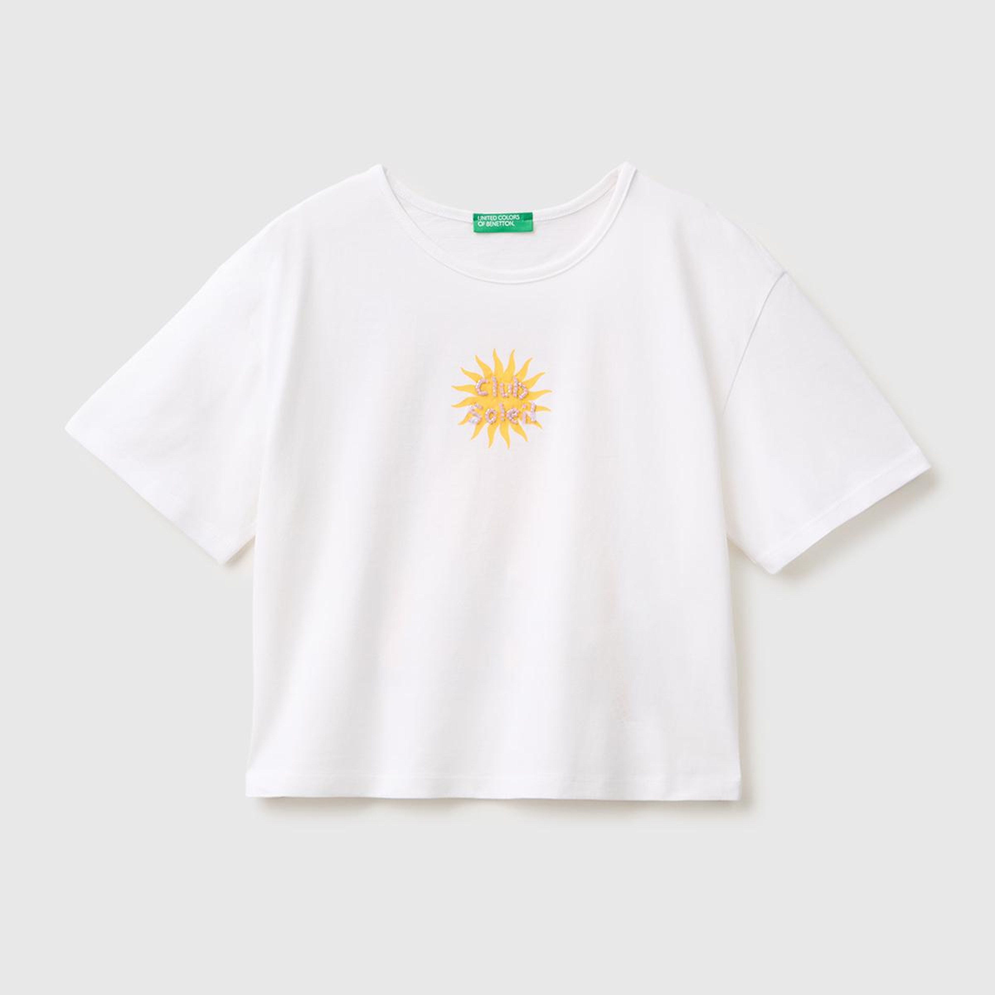 Kız Çocuk Beyaz Ön ve Arka Baskı Detaylı Geniş Yaka T-Shirt