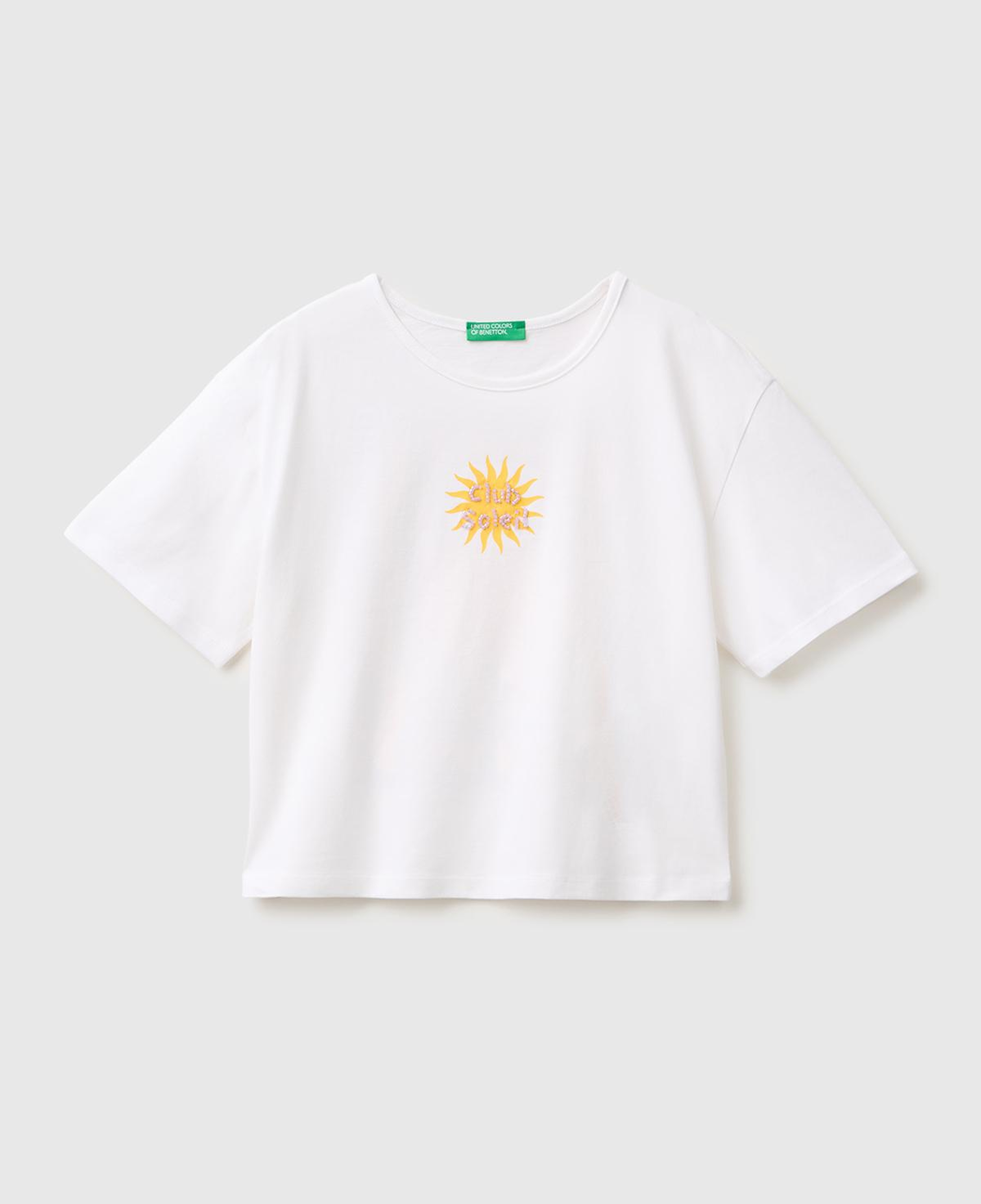 Kız Çocuk Beyaz Ön ve Arka Baskı Detaylı Geniş Yaka T-Shirt