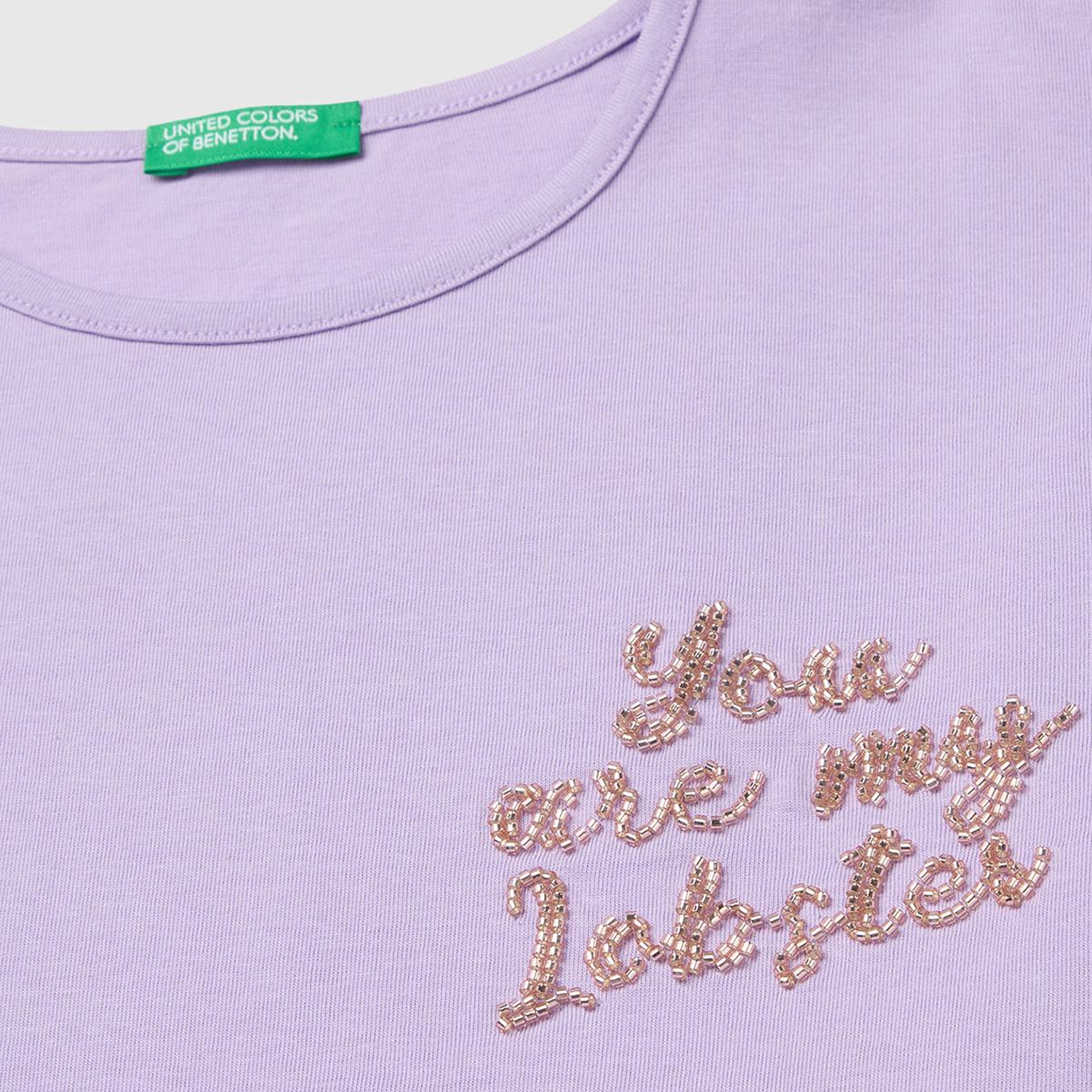 Kız Çocuk Lila Ön ve Arka Baskı Detaylı Geniş Yaka T-Shirt
