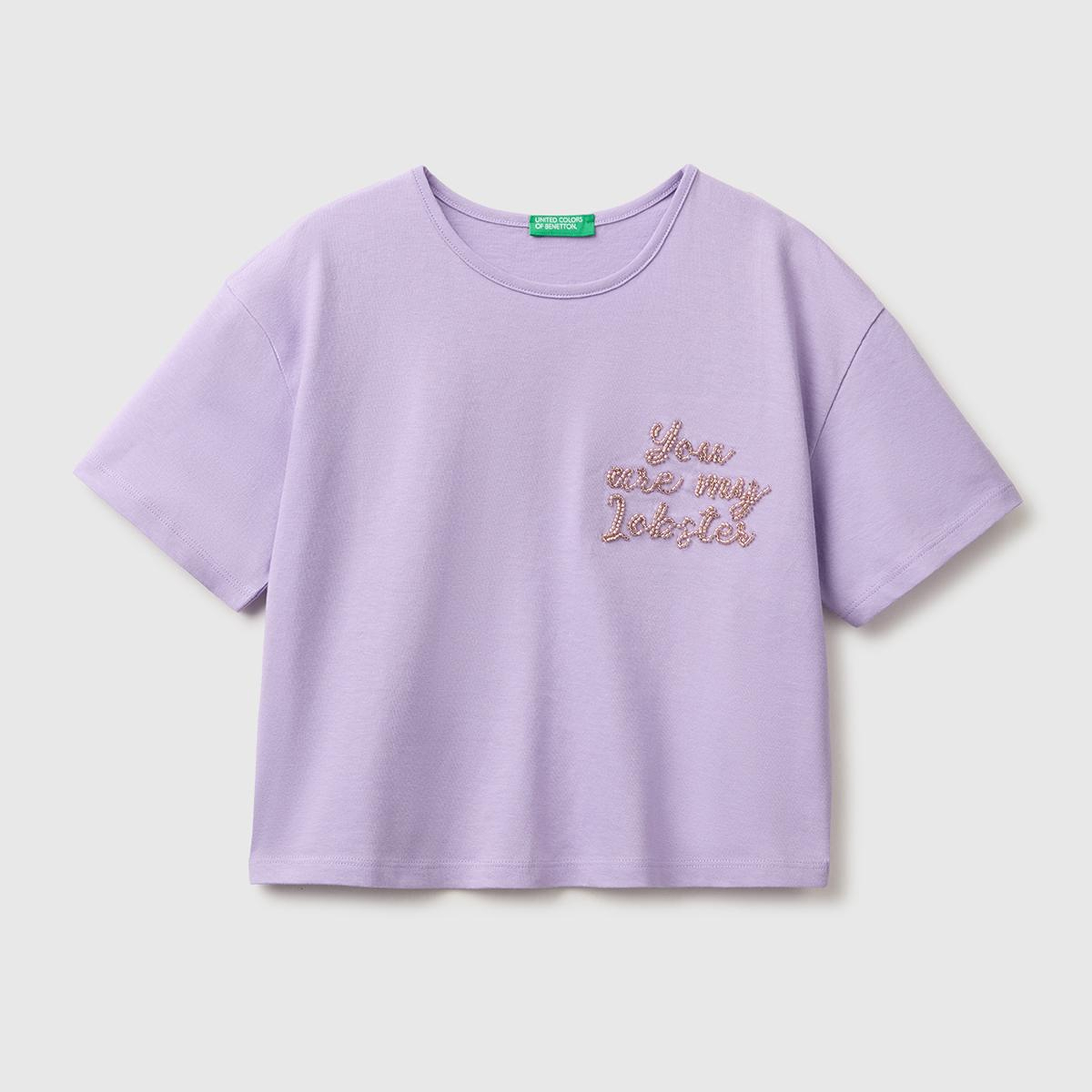 Kız Çocuk Lila Ön ve Arka Baskı Detaylı Geniş Yaka T-Shirt
