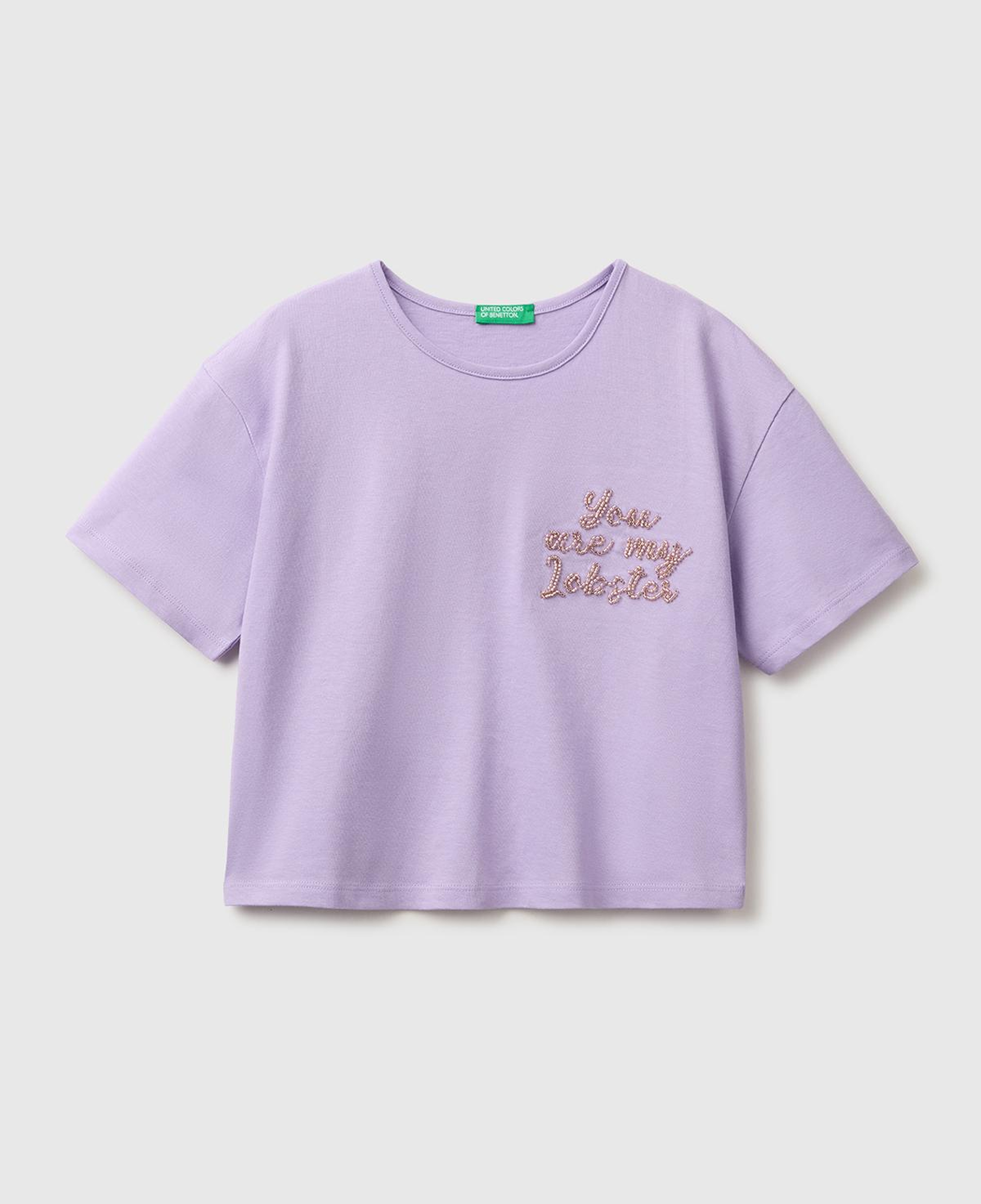 Kız Çocuk Lila Ön ve Arka Baskı Detaylı Geniş Yaka T-Shirt