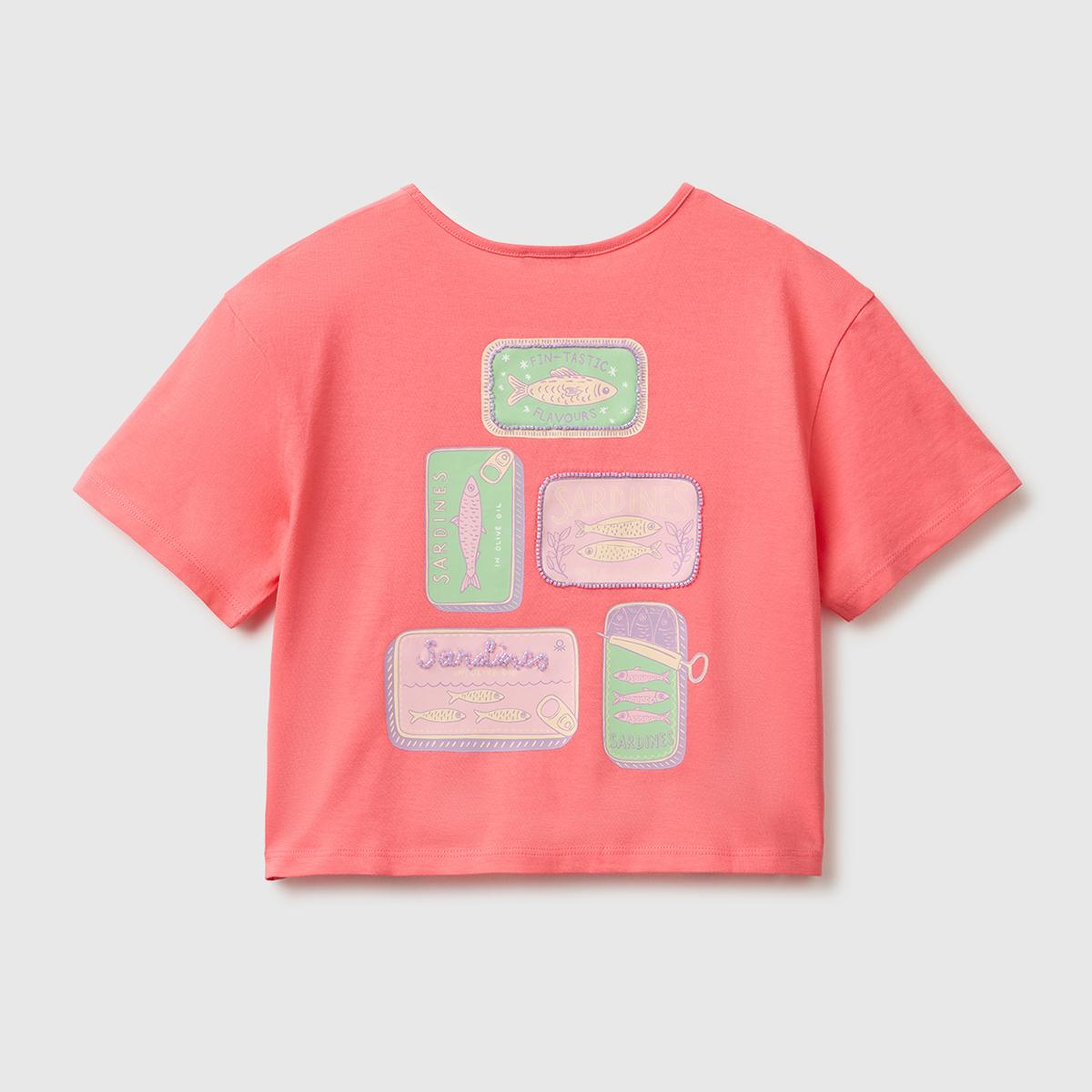Kız Çocuk Mercan Ön ve Arka Baskı Detaylı Geniş Yaka T-Shirt