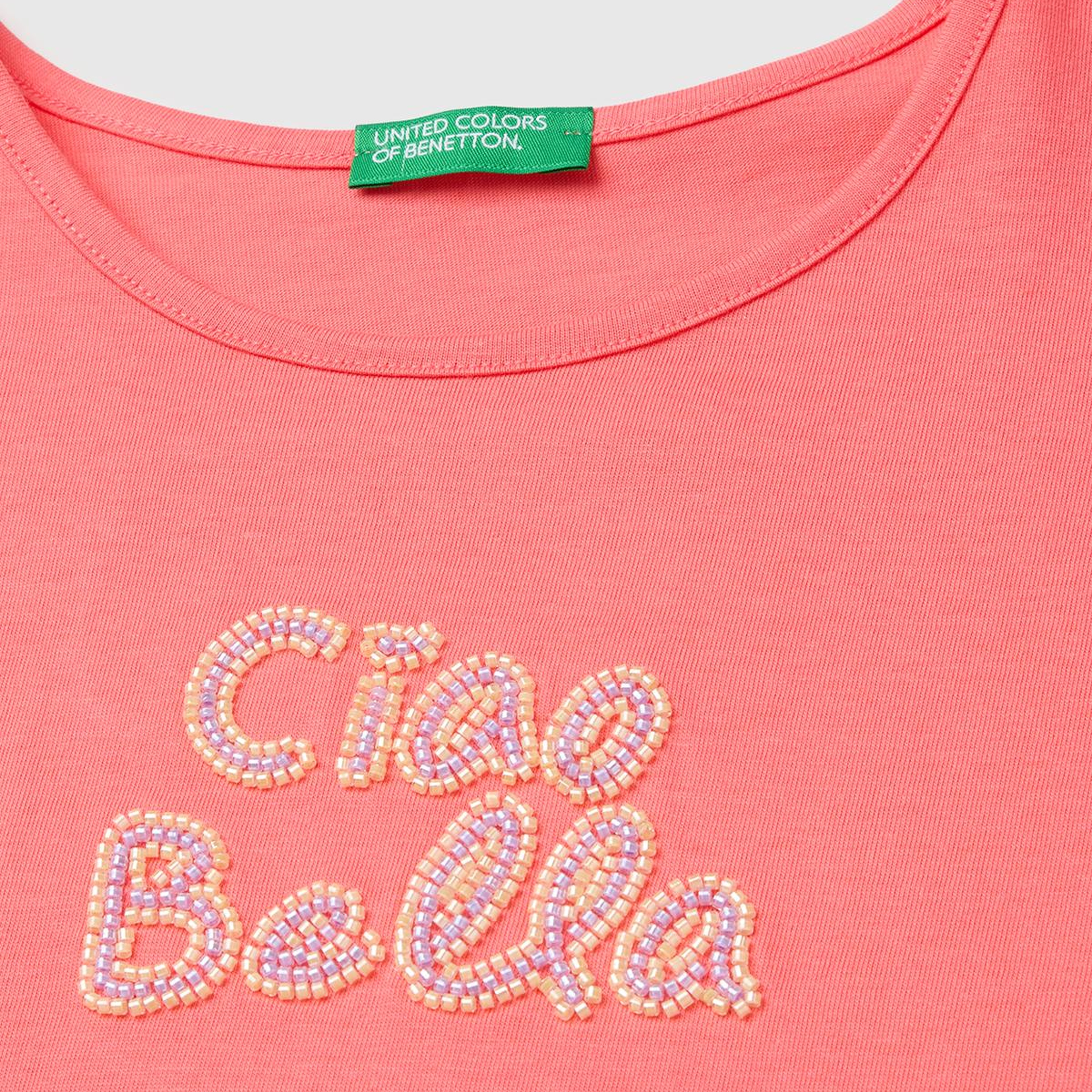 Kız Çocuk Mercan Ön ve Arka Baskı Detaylı Geniş Yaka T-Shirt