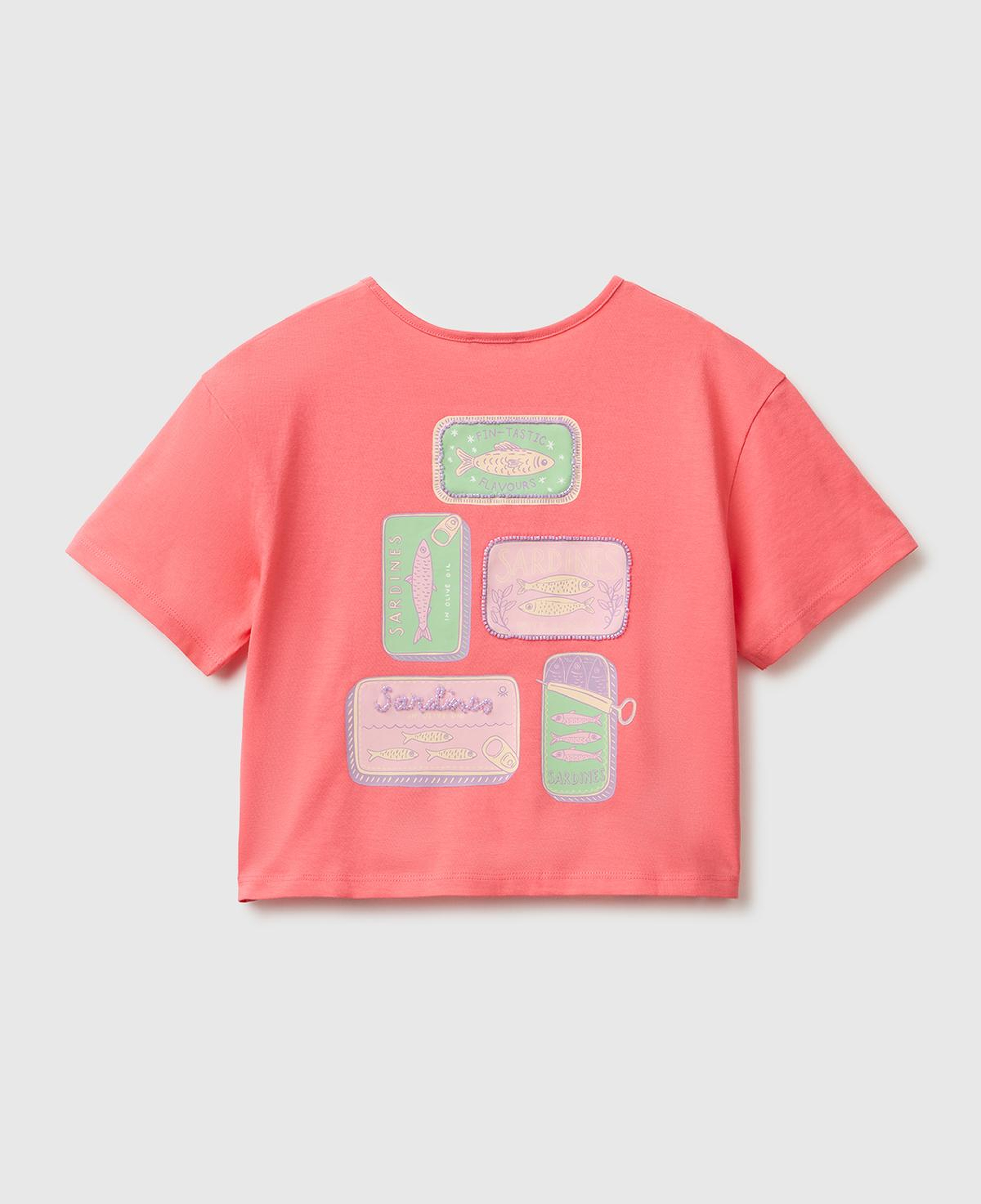 Kız Çocuk Mercan Ön ve Arka Baskı Detaylı Geniş Yaka T-Shirt