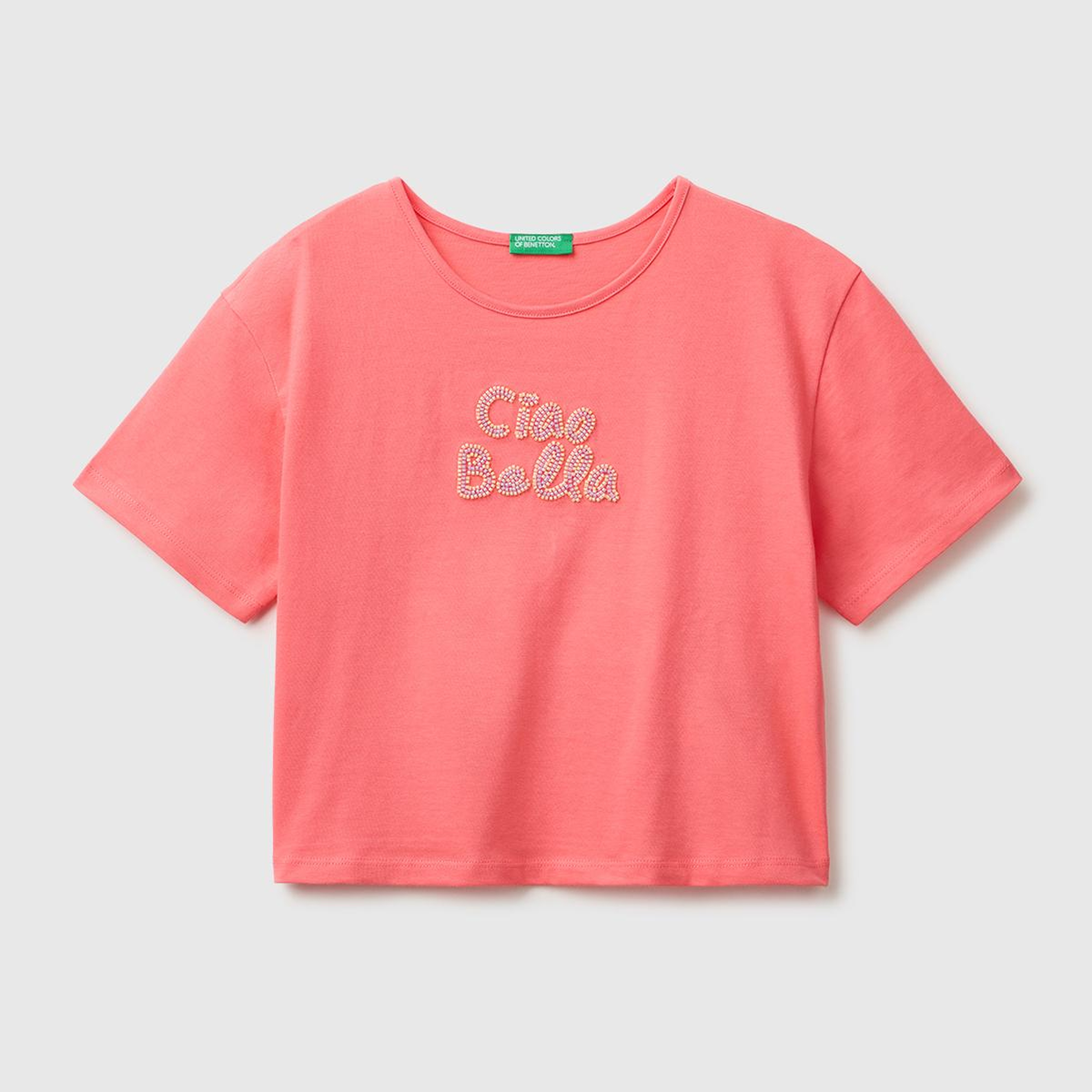 Kız Çocuk Mercan Ön ve Arka Baskı Detaylı Geniş Yaka T-Shirt