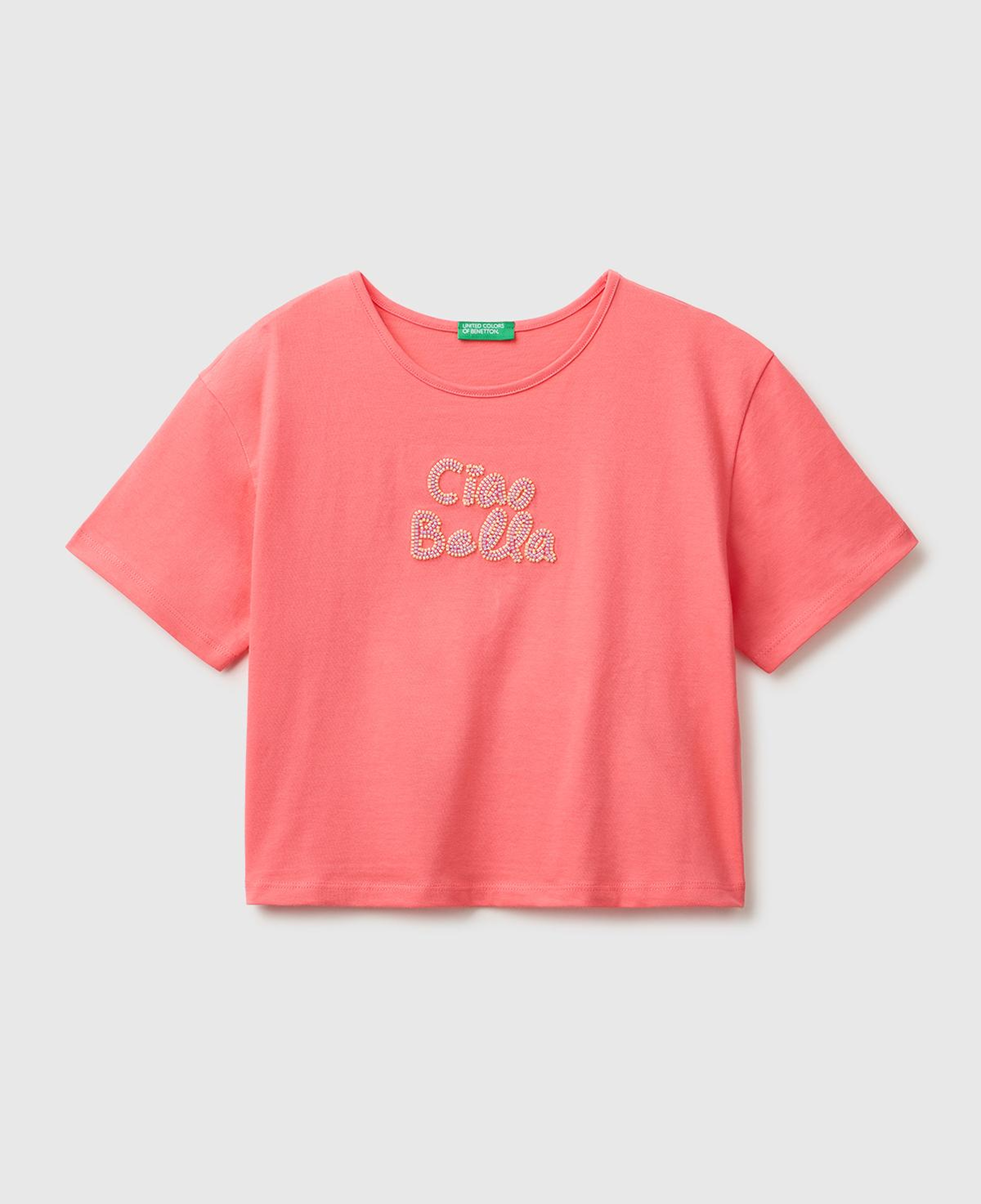 Kız Çocuk Mercan Ön ve Arka Baskı Detaylı Geniş Yaka T-Shirt