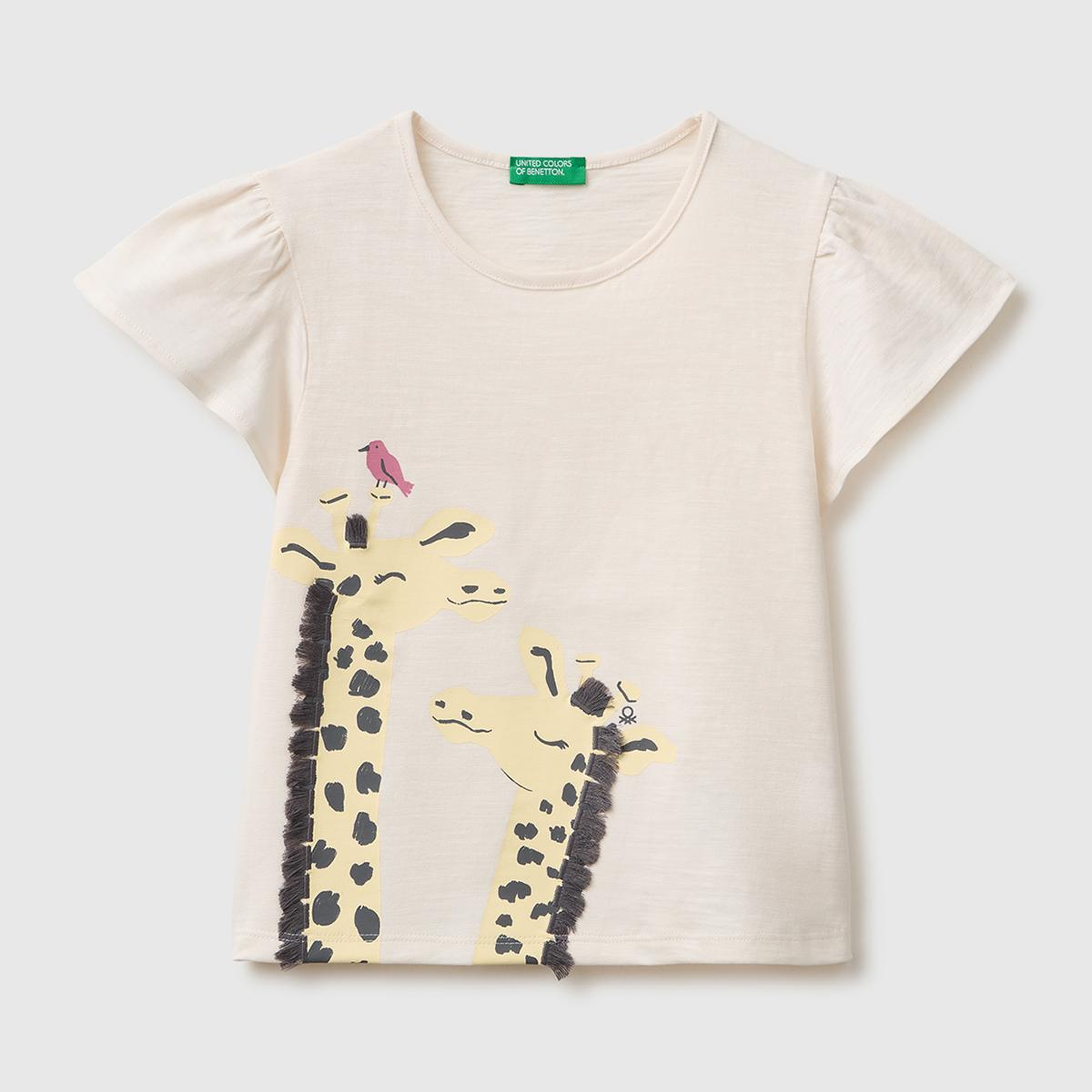 Kız Çocuk Ekru Baskı ve Püskül Detaylı Regular Fit T-Shirt