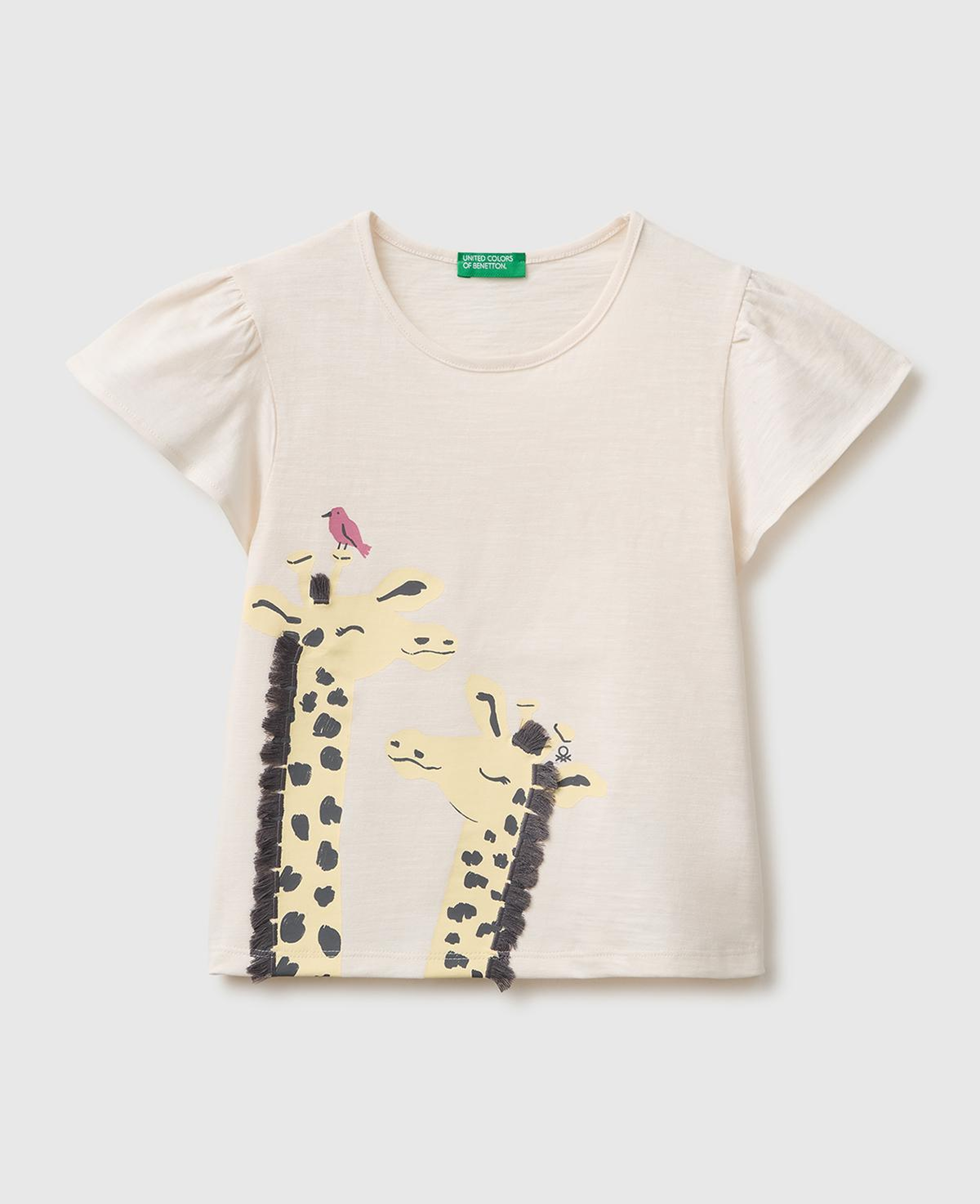 Kız Çocuk Ekru Baskı ve Püskül Detaylı Regular Fit T-Shirt