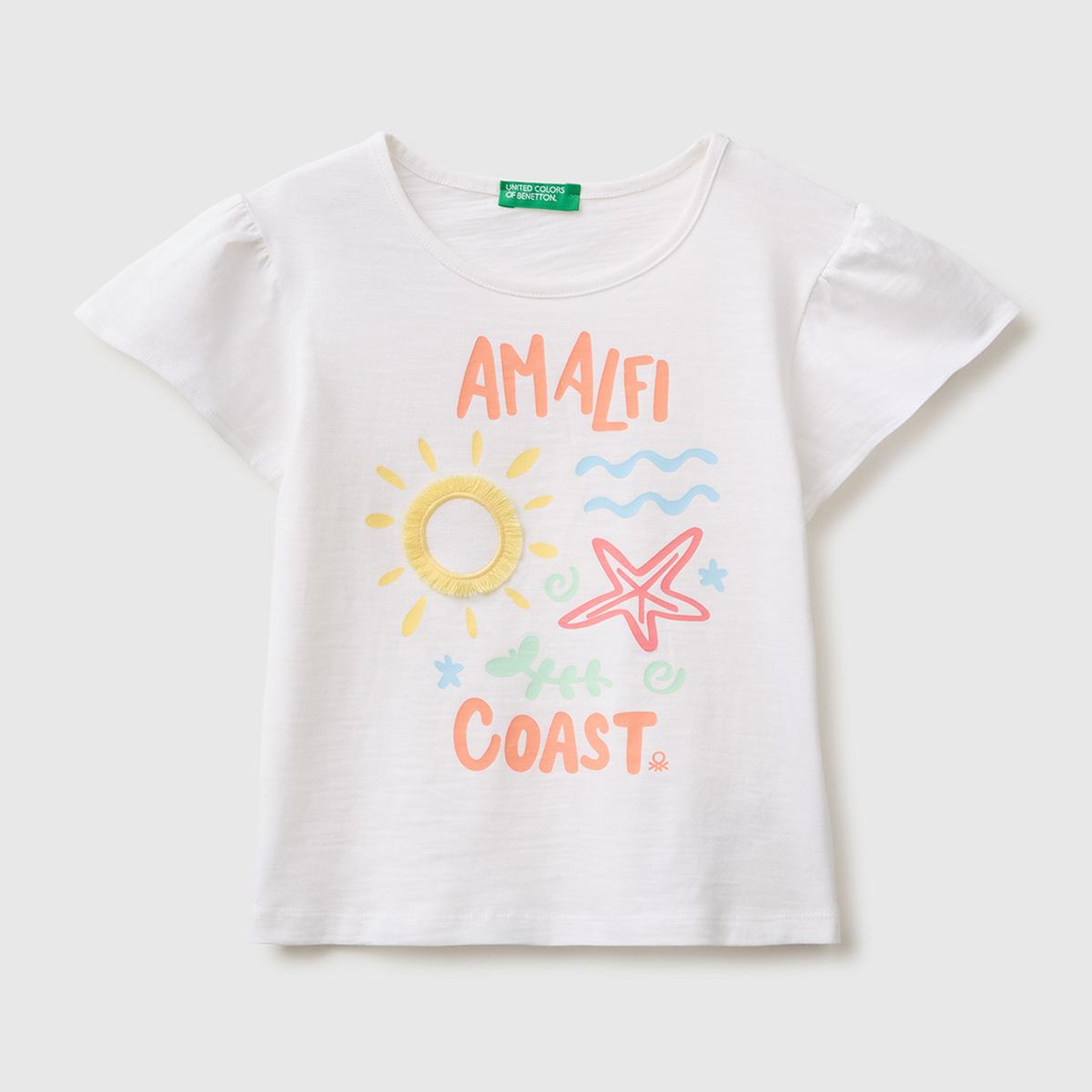Kız Çocuk Beyaz Baskı ve Püskül Detaylı Regular Fit T-Shirt