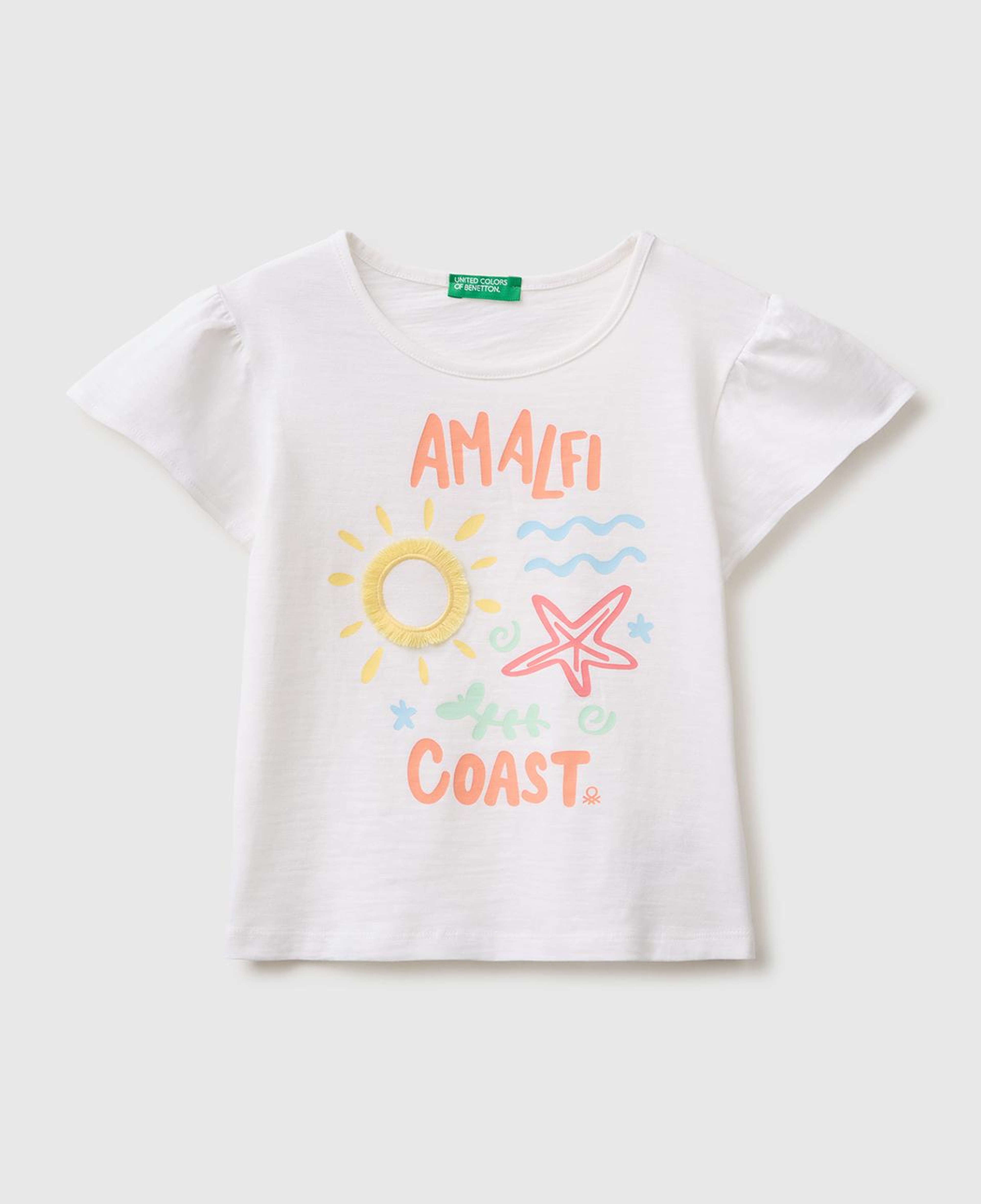 Kız Çocuk Beyaz Baskı ve Püskül Detaylı Regular Fit T-Shirt