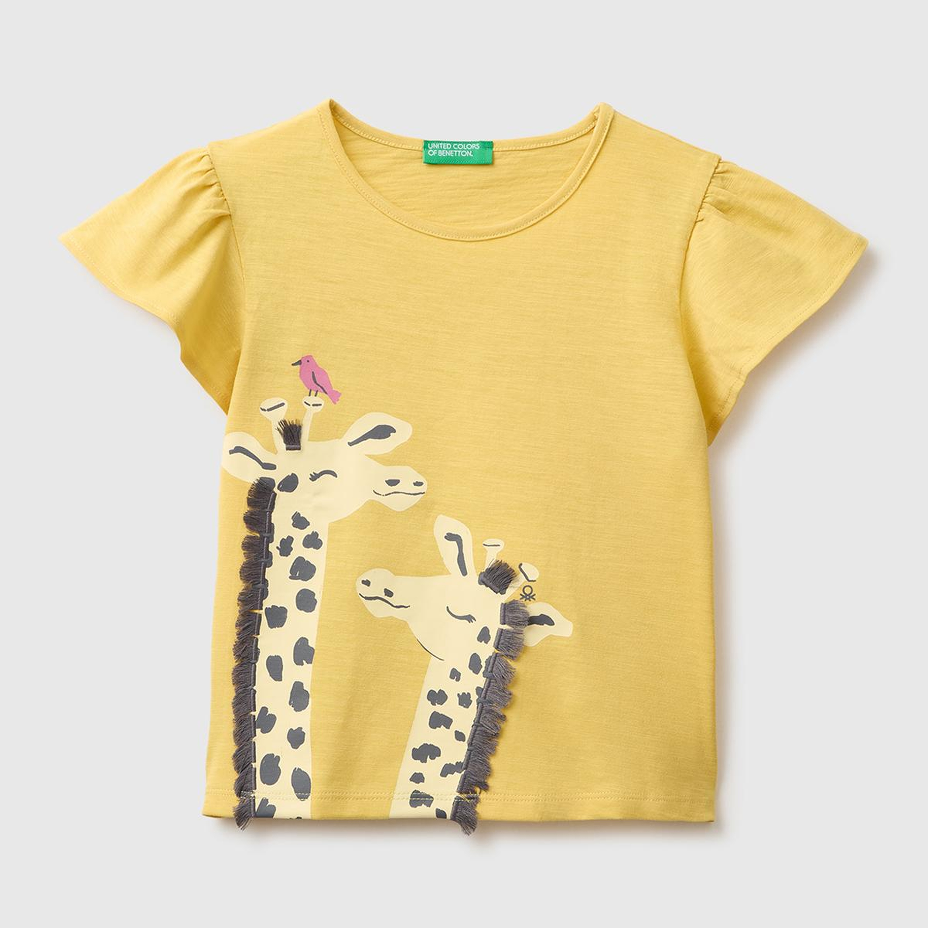 Kız Çocuk Hardal Sarısı Baskı ve Püskül Detaylı Regular Fit T-Shirt