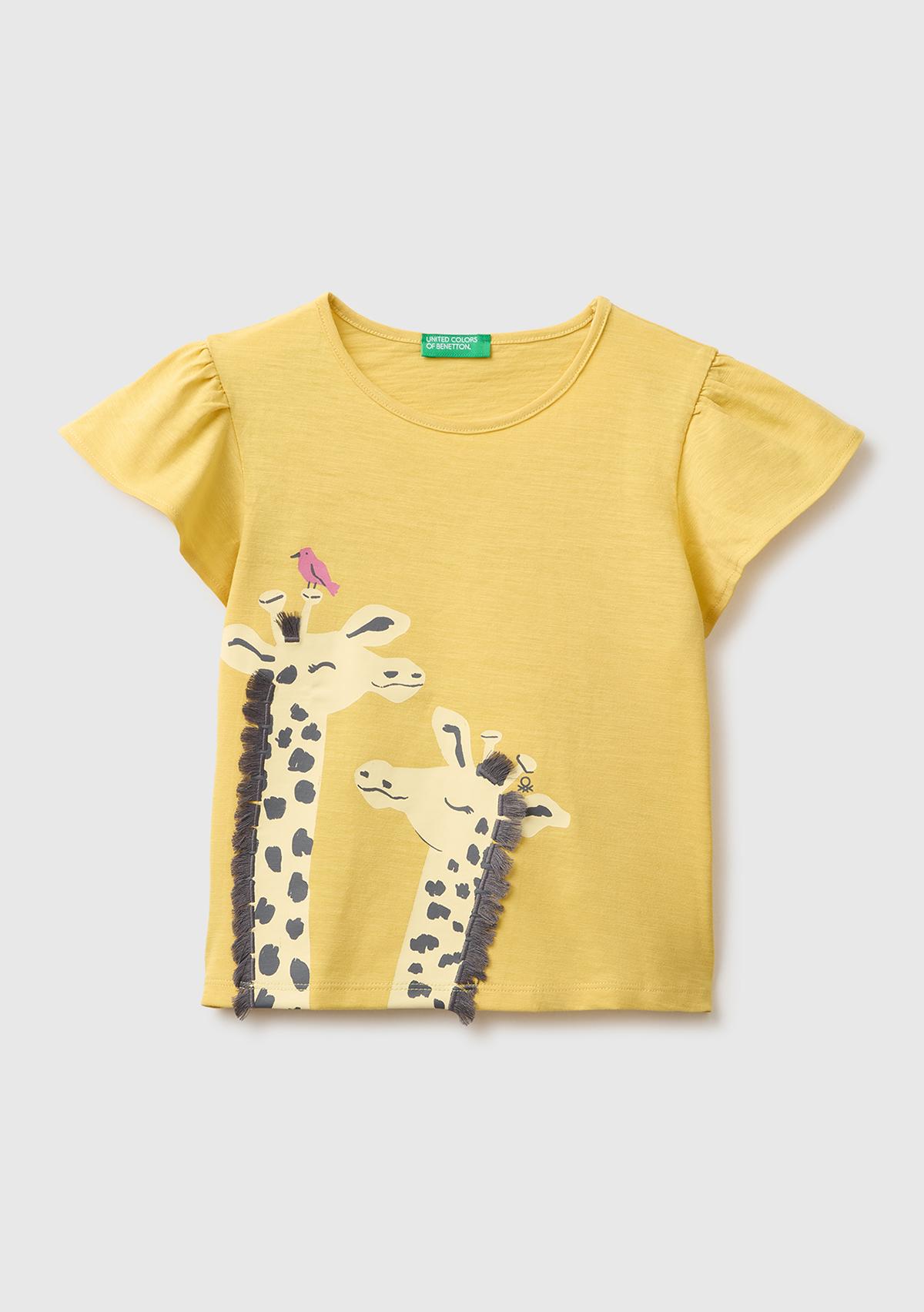 Kız Çocuk Hardal Sarısı Baskı ve Püskül Detaylı Regular Fit T-Shirt