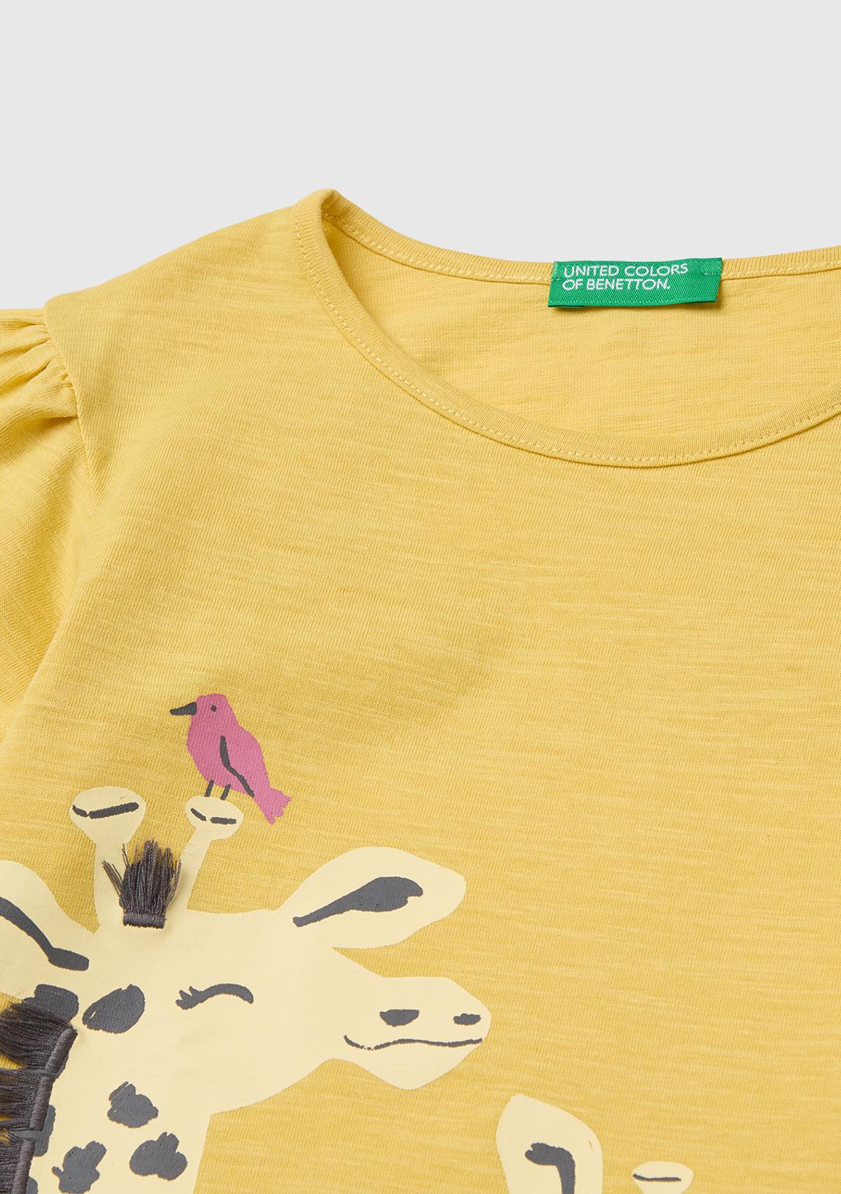 Kız Çocuk Hardal Sarısı Baskı ve Püskül Detaylı Regular Fit T-Shirt
