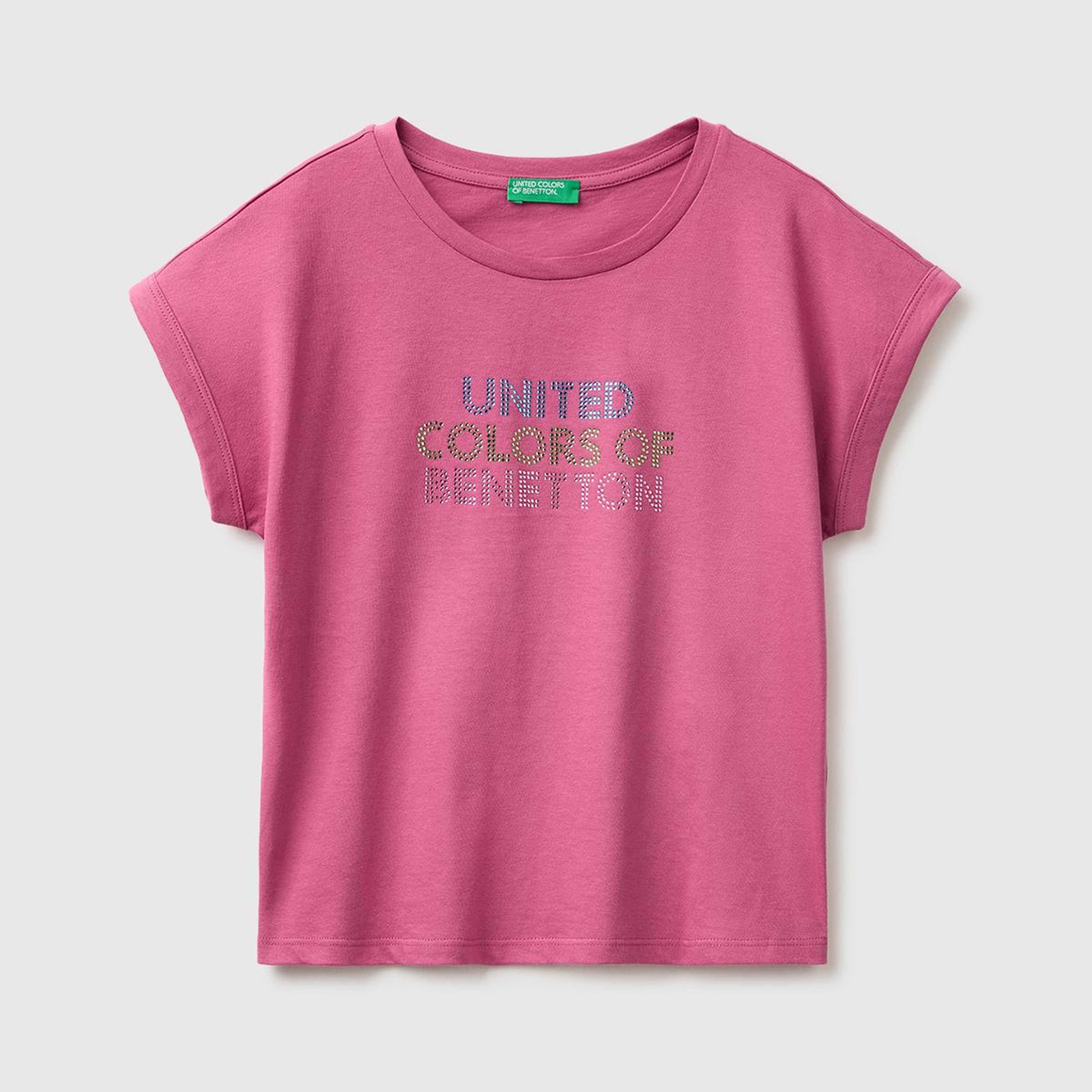 Kız Çocuk Gül Kurusu Renkli Taş Detaylı Bisiklet Yaka T-Shirt