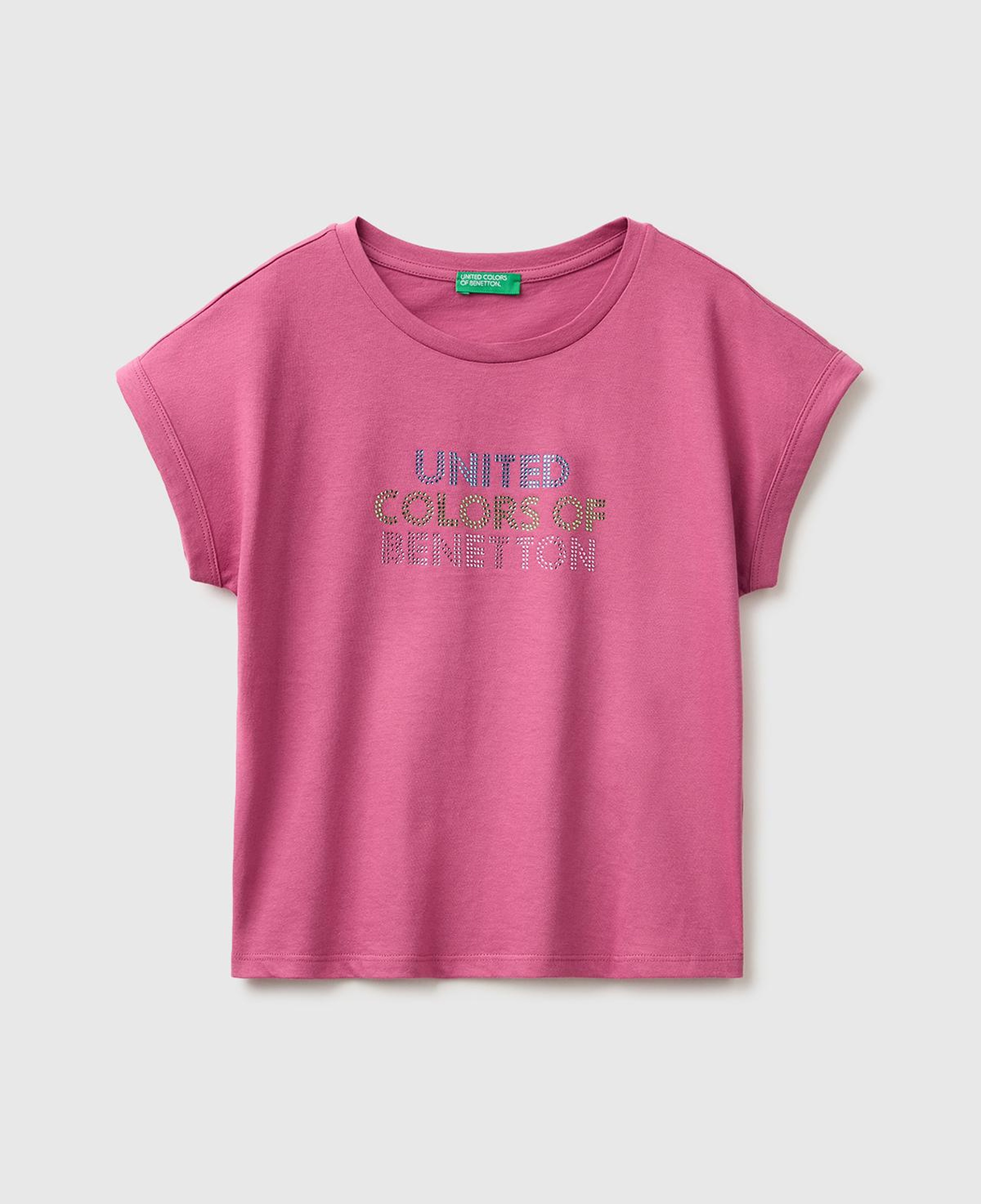 Kız Çocuk Gül Kurusu Renkli Taş Detaylı Bisiklet Yaka T-Shirt
