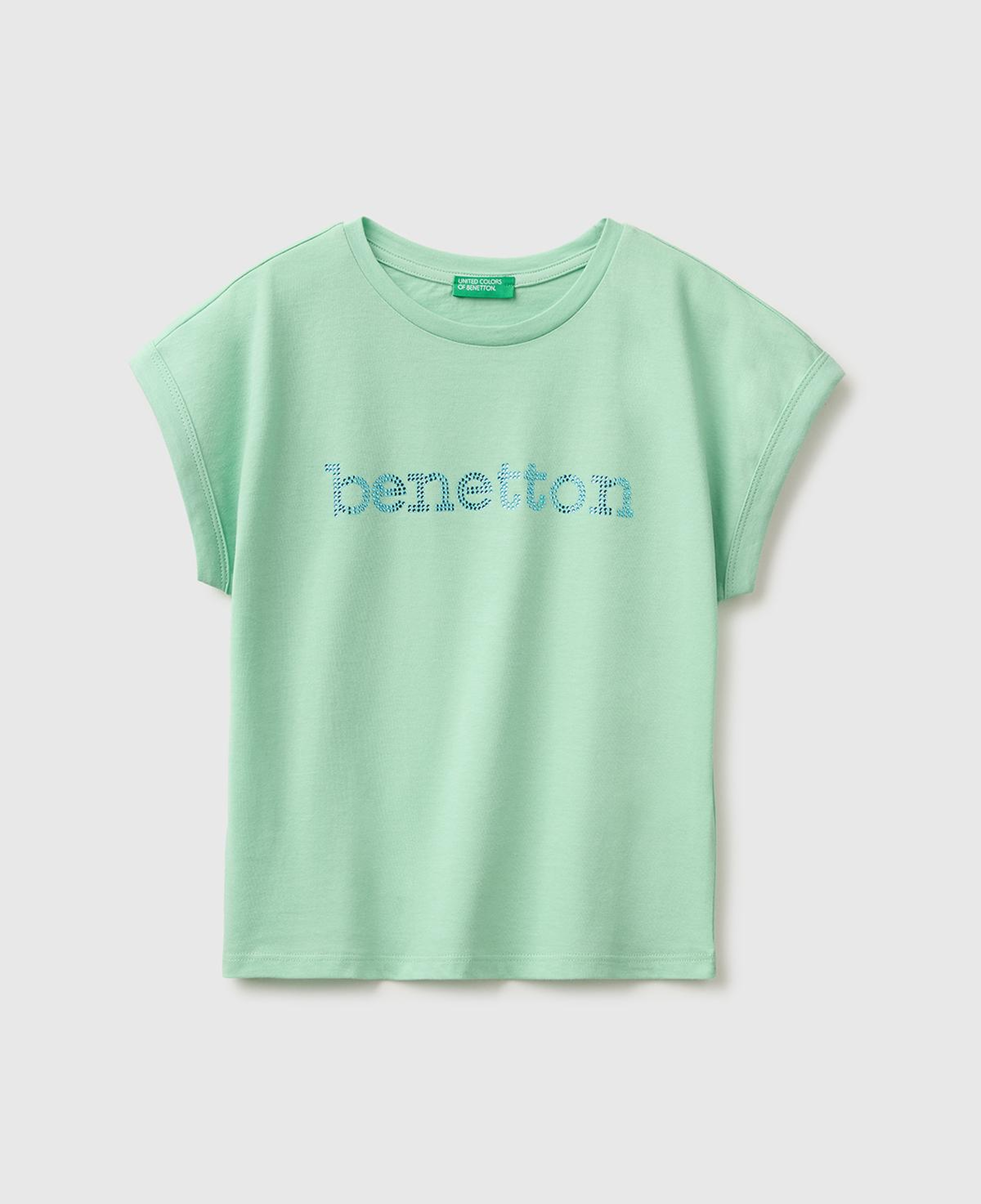 Kız Çocuk Yeşil Renkli Taş Detaylı Bisiklet Yaka T-Shirt