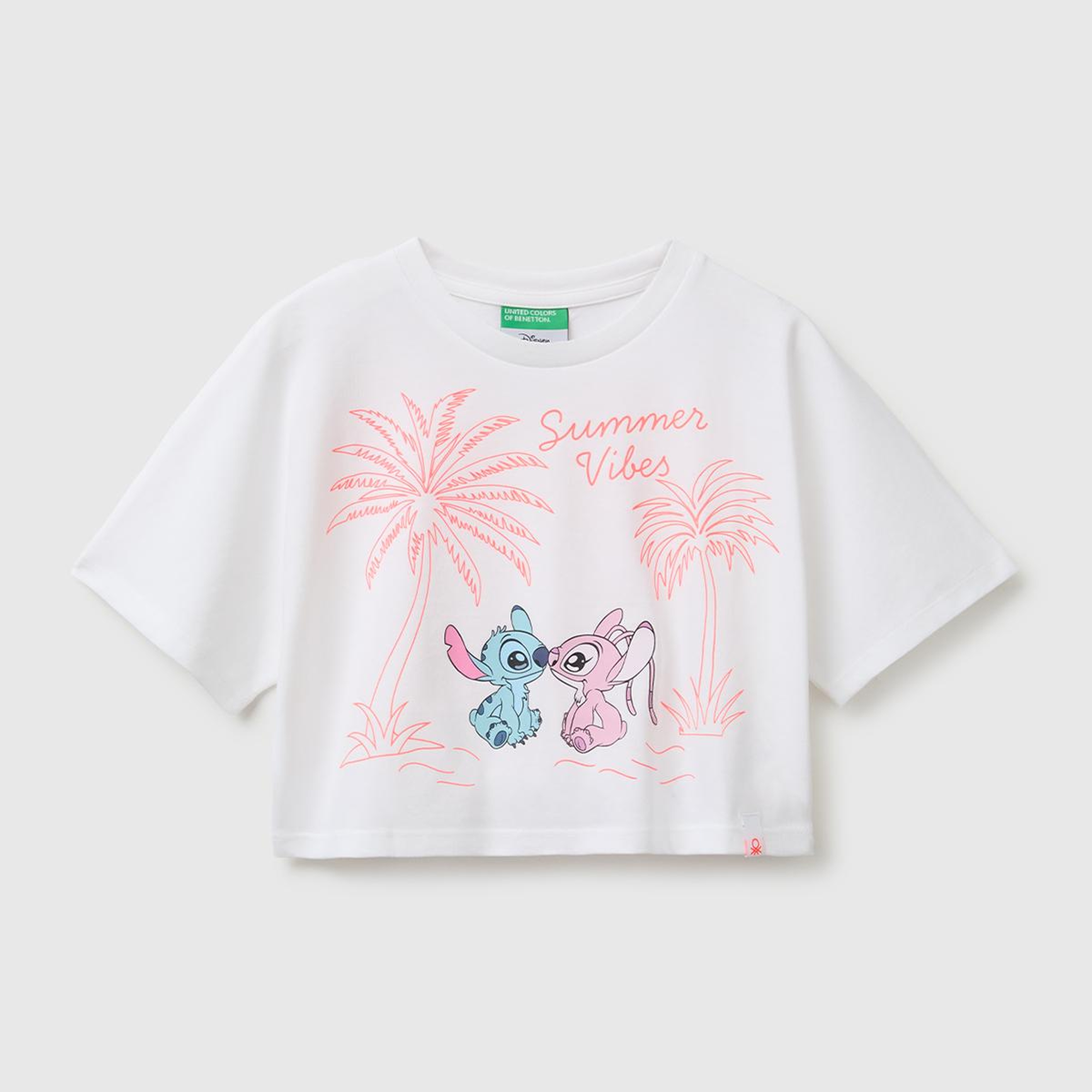 Kız Çocuk Beyaz Lilo & Stitch Baskı Detaylı Crop T-Shirt