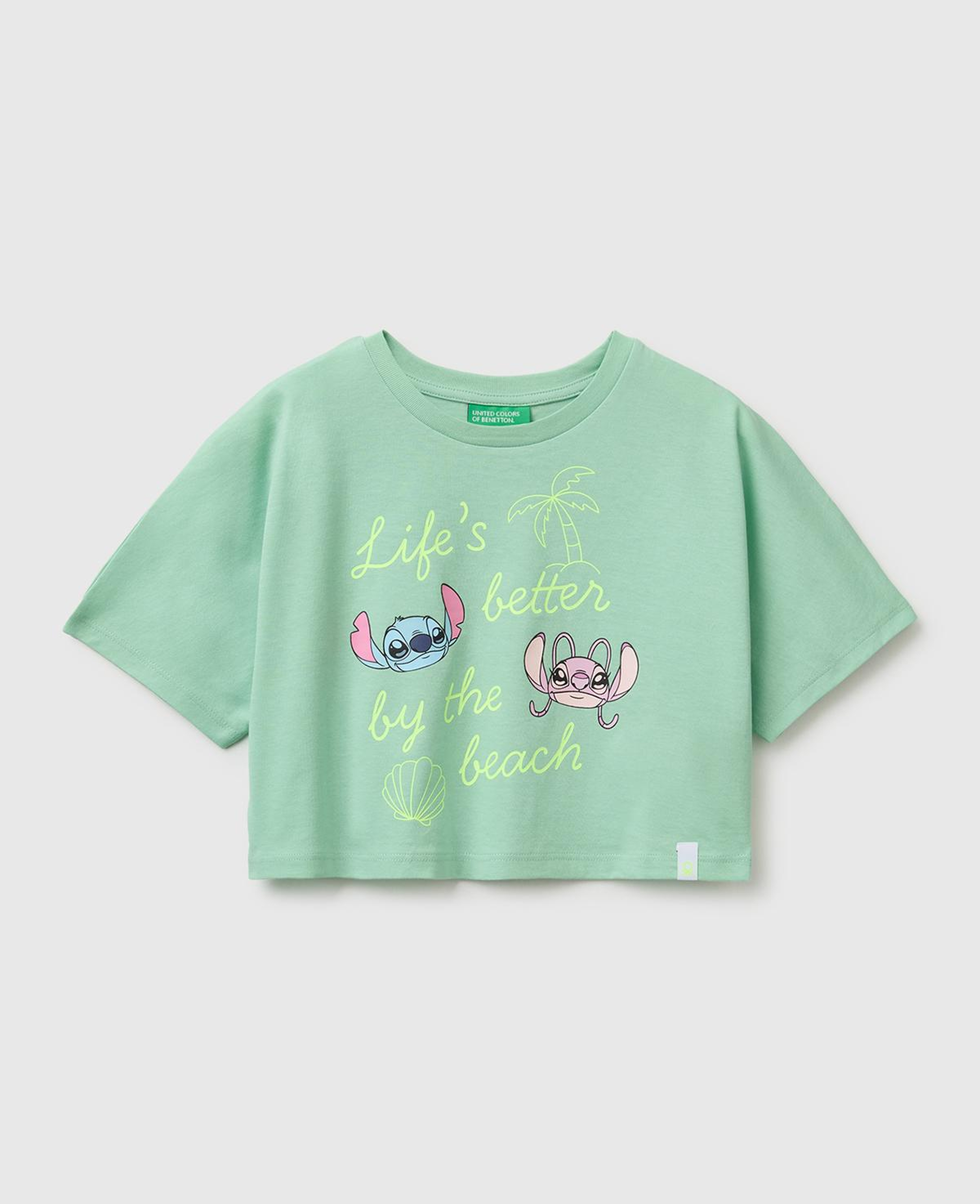 Kız Çocuk Yeşil Lilo & Stitch Baskı Detaylı Crop T-Shirt