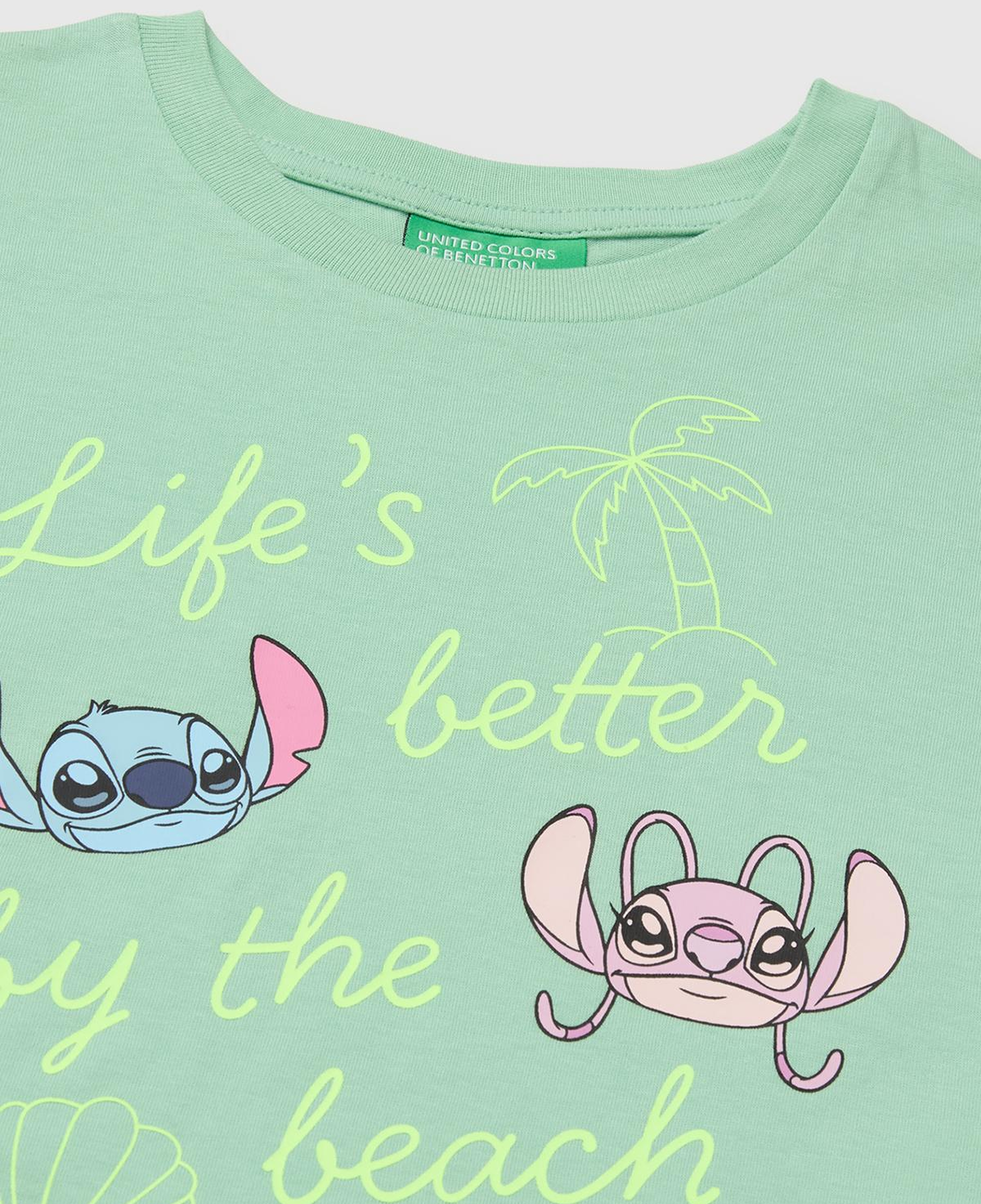 Kız Çocuk Yeşil Lilo & Stitch Baskı Detaylı Crop T-Shirt