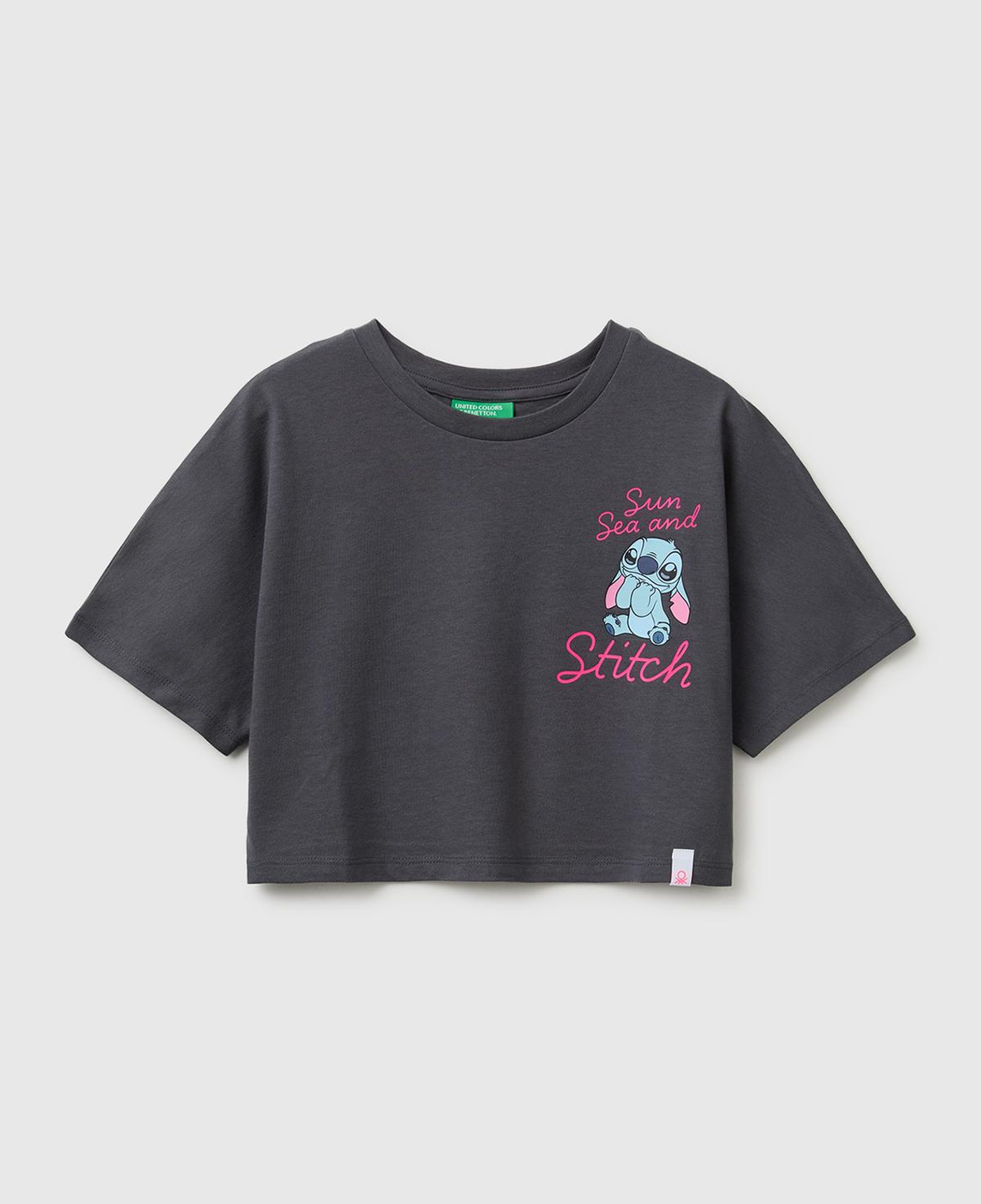 Kız Çocuk Koyu Kahverengi Lilo & Stitch Baskı Detaylı Crop T-Shirt