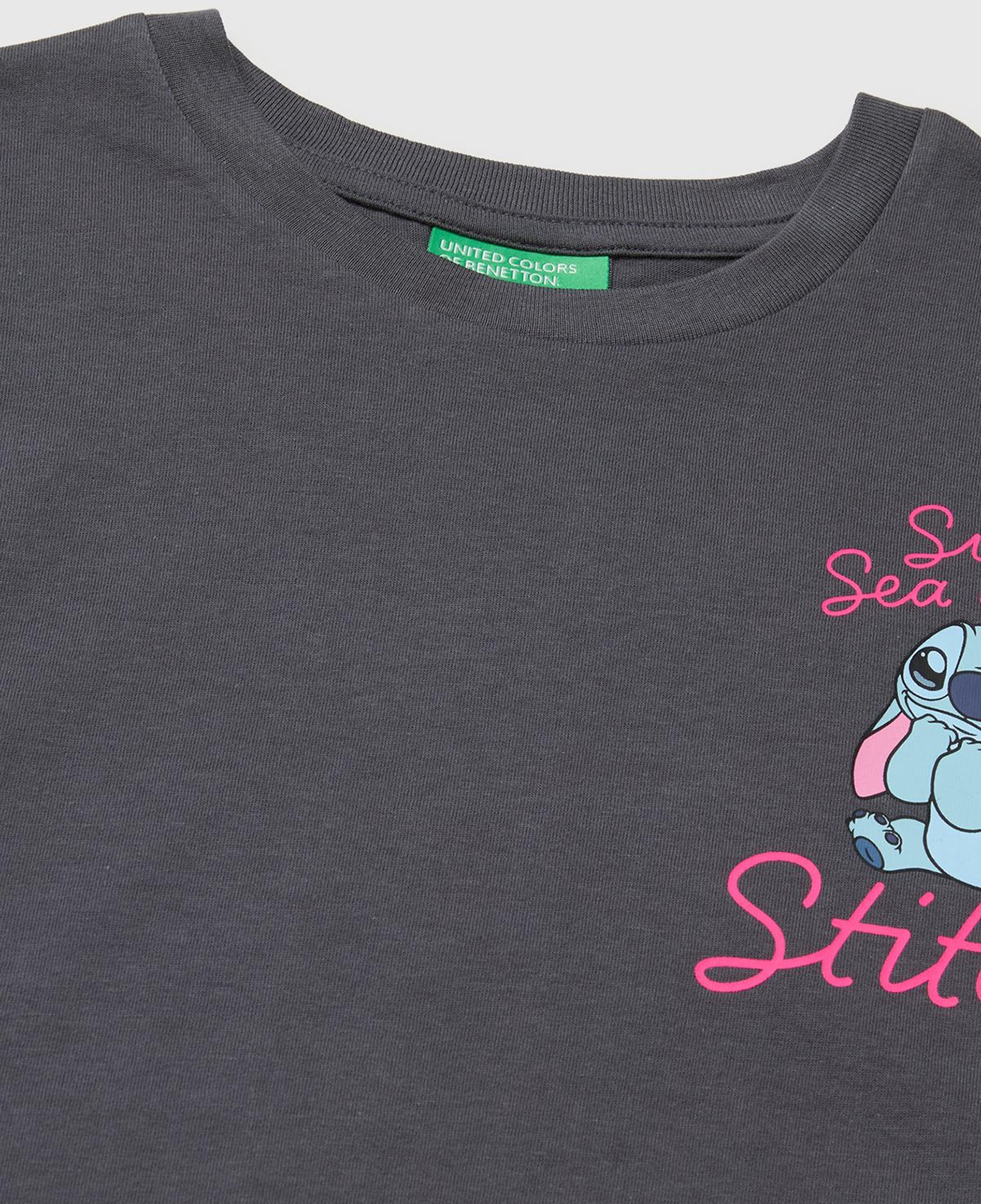 Kız Çocuk Koyu Kahverengi Lilo & Stitch Baskı Detaylı Crop T-Shirt