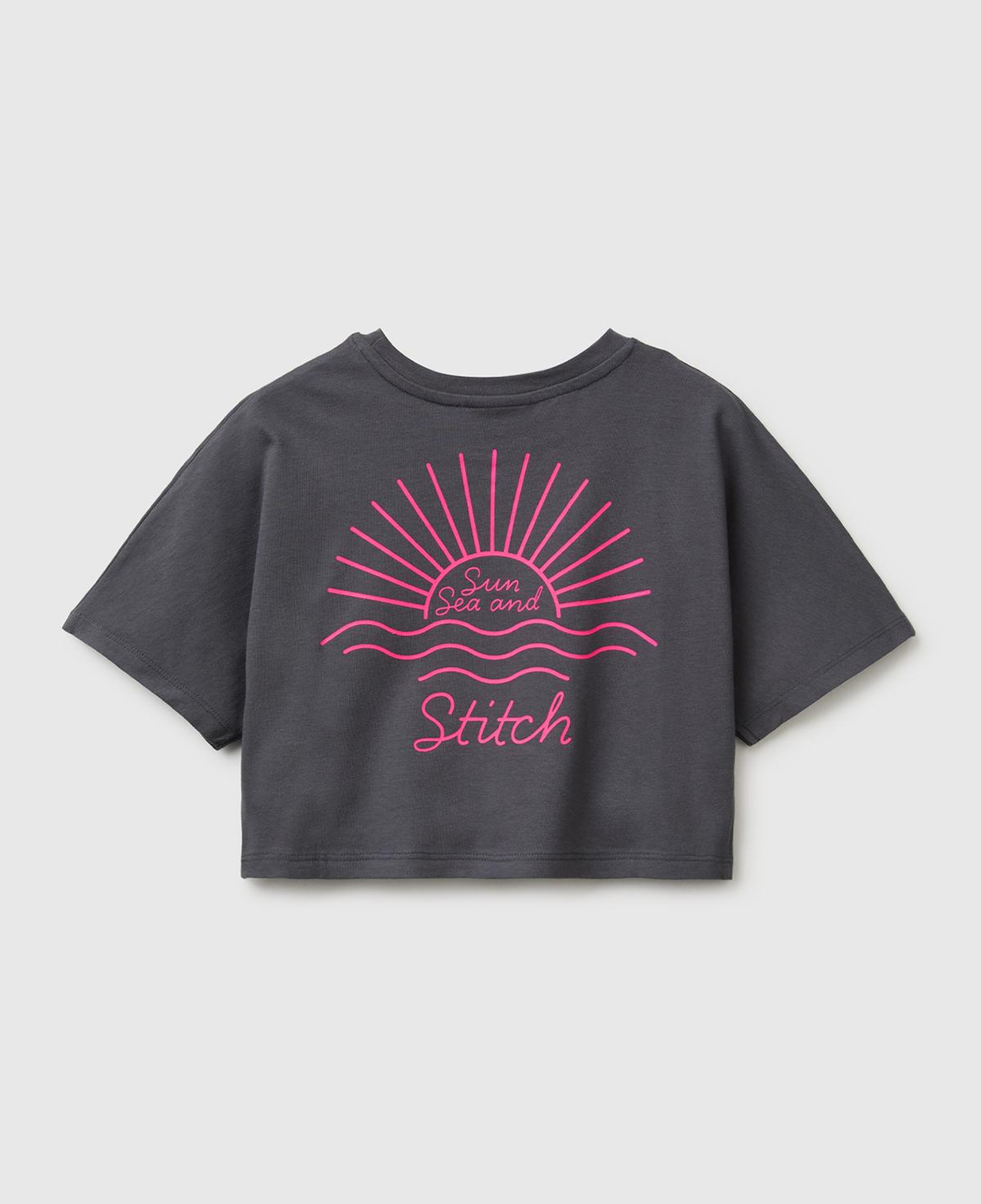 Kız Çocuk Koyu Kahverengi Lilo & Stitch Baskı Detaylı Crop T-Shirt