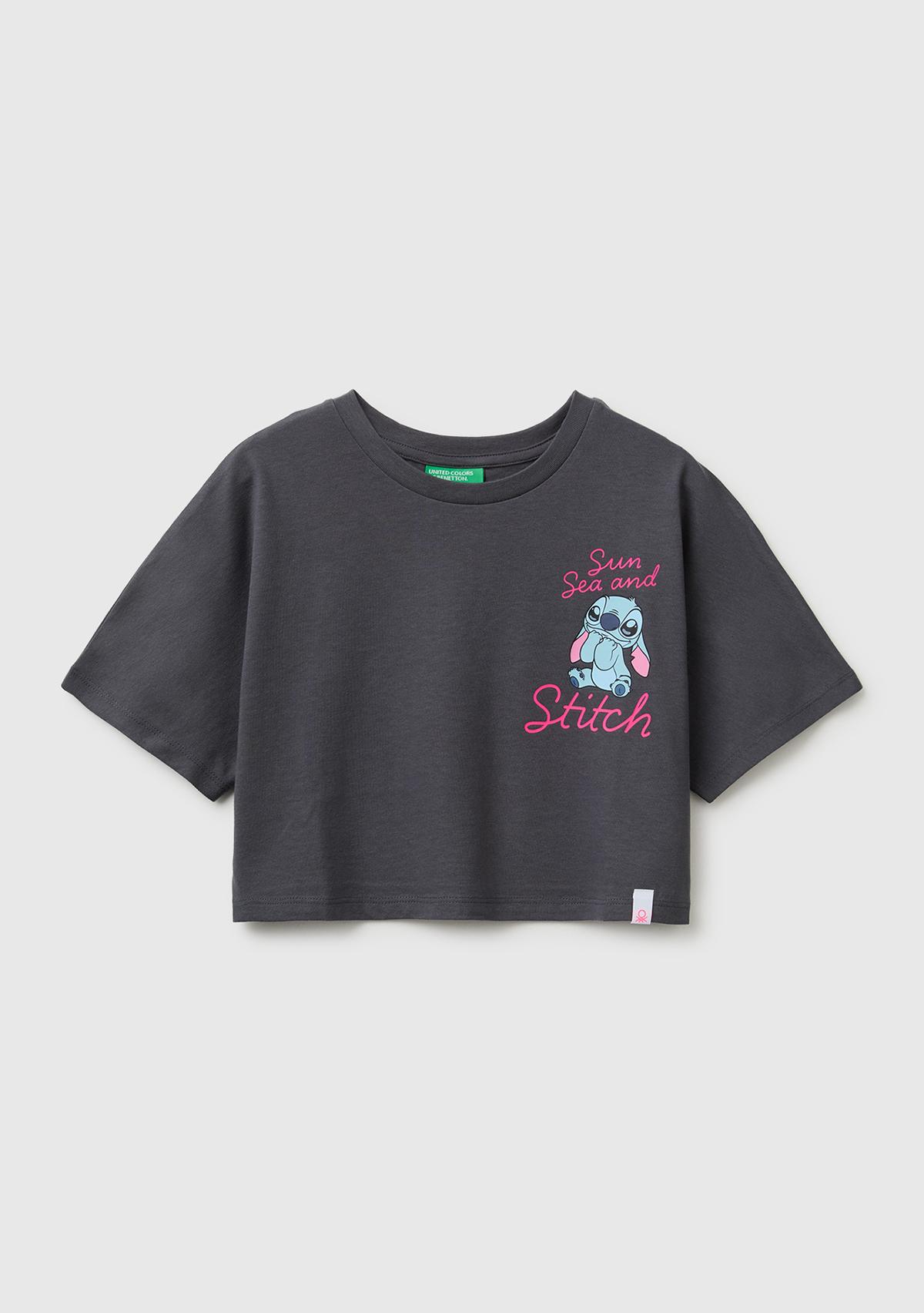 Kız Çocuk Koyu Kahverengi Lilo & Stitch Baskı Detaylı Crop T-Shirt
