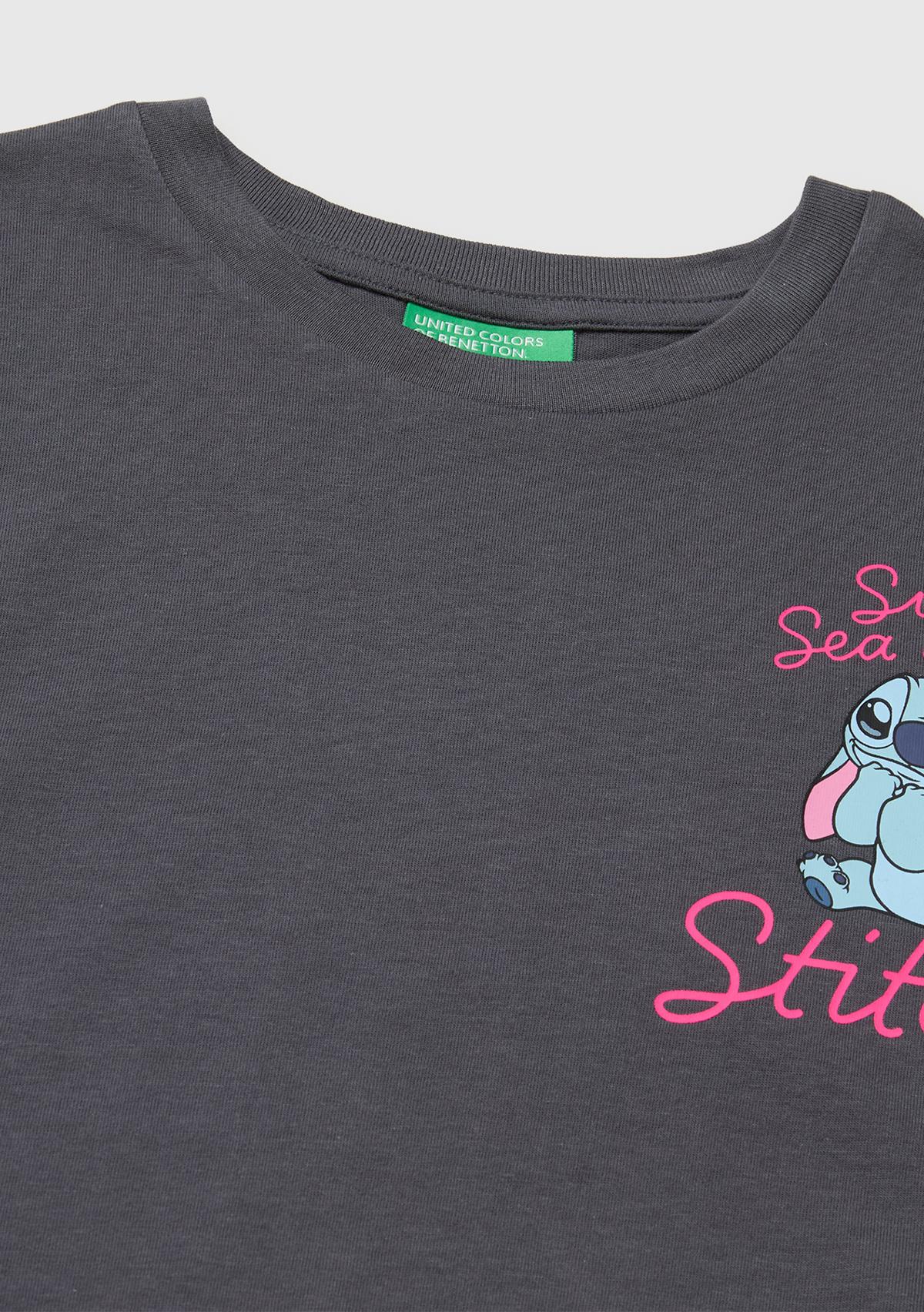 Kız Çocuk Koyu Kahverengi Lilo & Stitch Baskı Detaylı Crop T-Shirt
