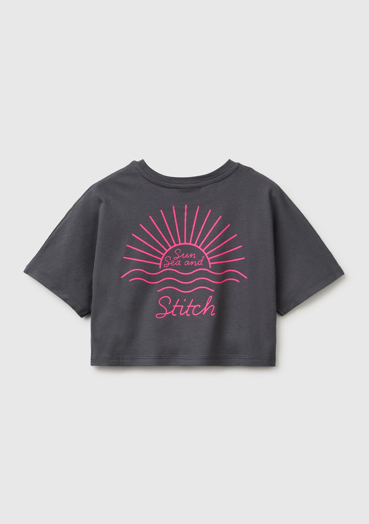 Kız Çocuk Koyu Kahverengi Lilo & Stitch Baskı Detaylı Crop T-Shirt